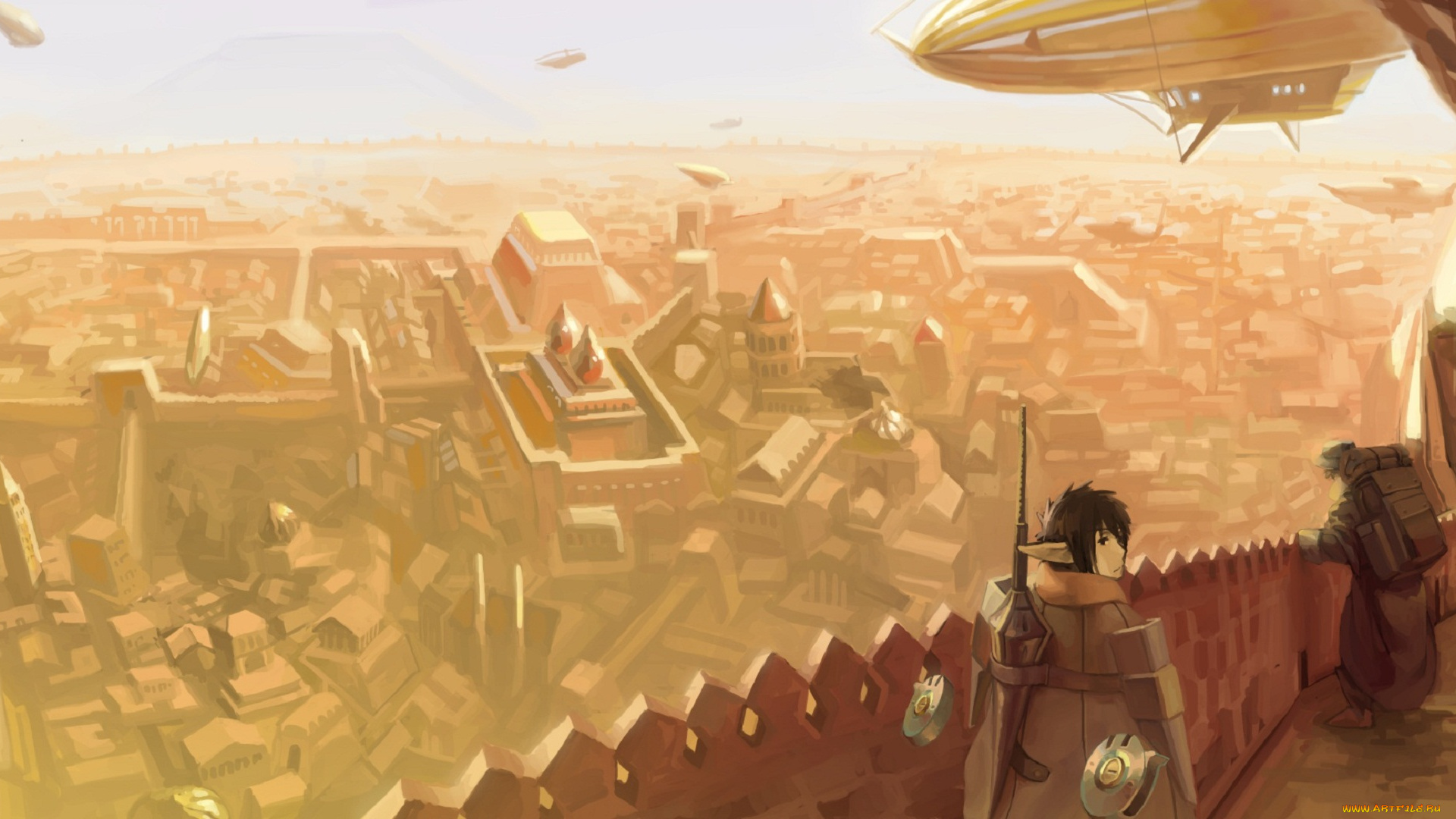 аниме, pixiv, fantasia, арт, rai32019, город, парень, эльф, транспорт, fantasia, pixiv