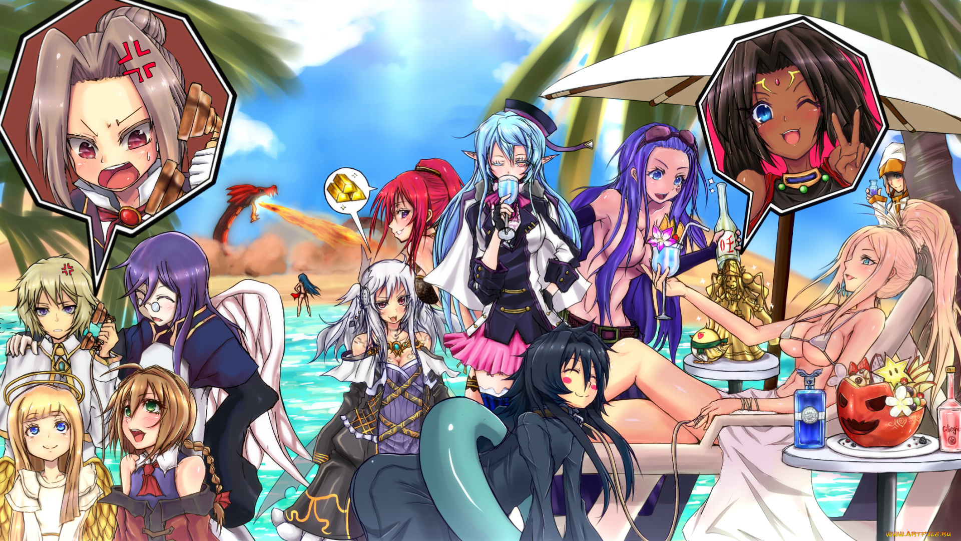 аниме, pixiv, fantasia, дракон, море, лето, пляж, девушки, арт, omimushi, эльф, ангел, парни, пламя, fantasia, pixiv, персонажи