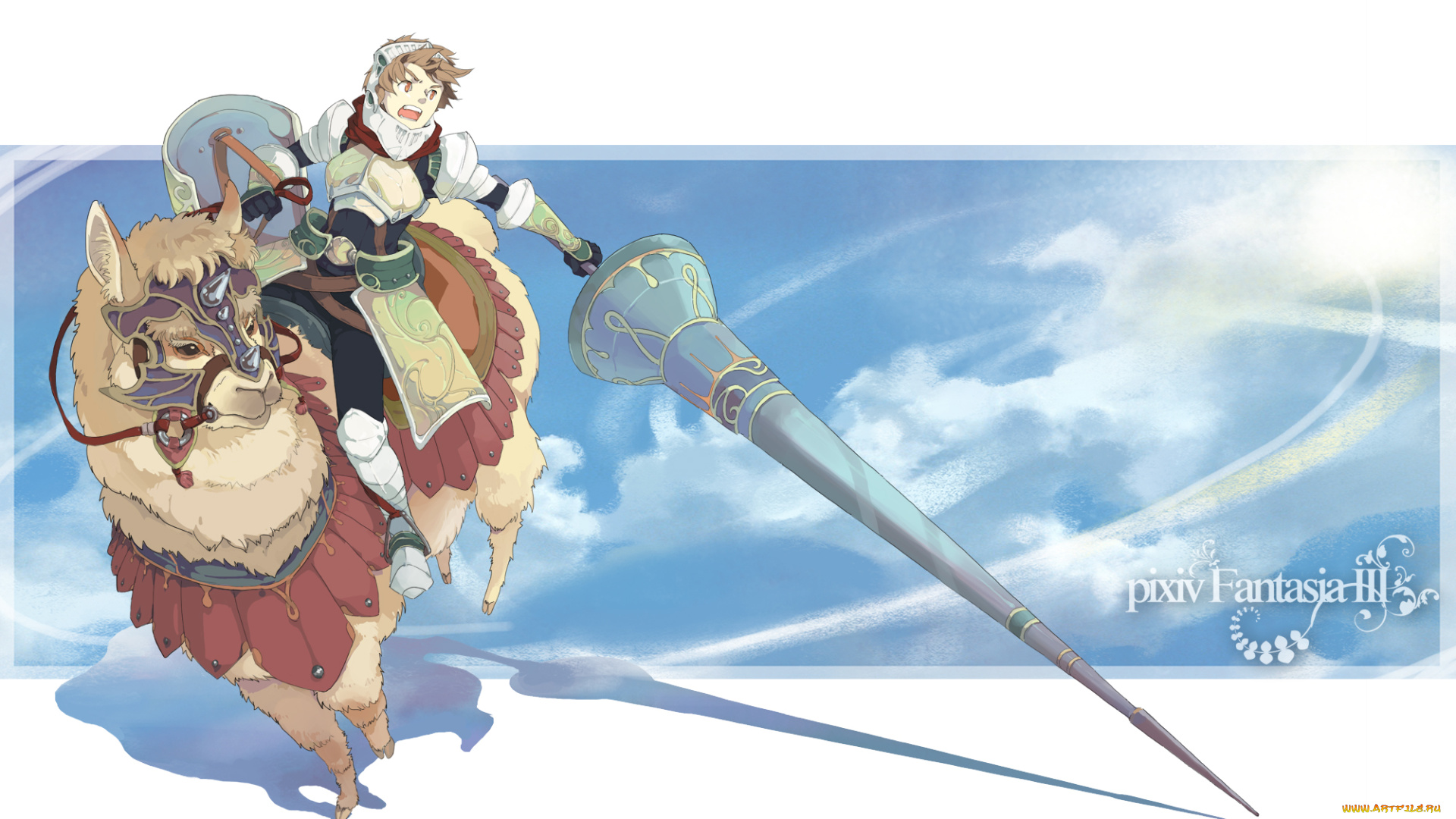 аниме, pixiv, fantasia, pixiv, fantasia, min, minyinr, арт, доспехи, животное, копьё, оружие