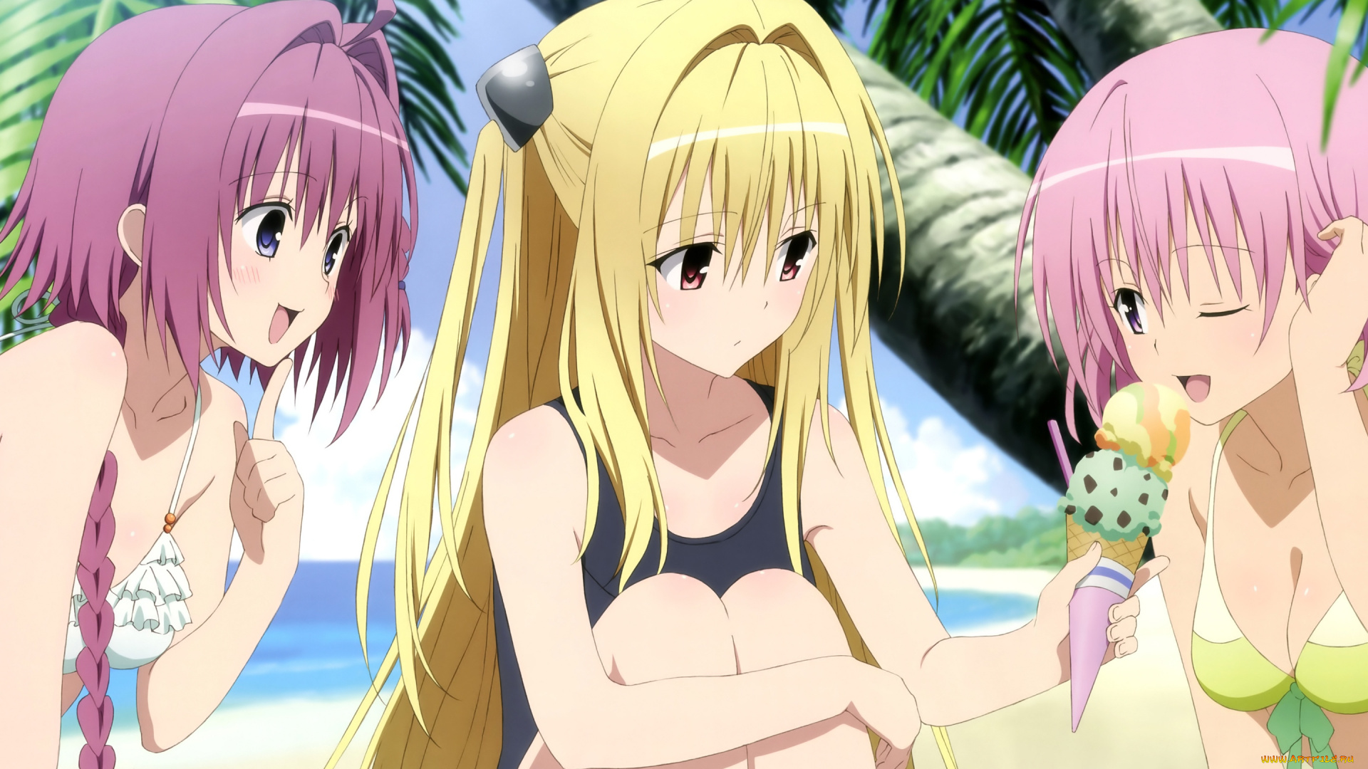 аниме, to-love-ru, мороженое, пляж, девушки