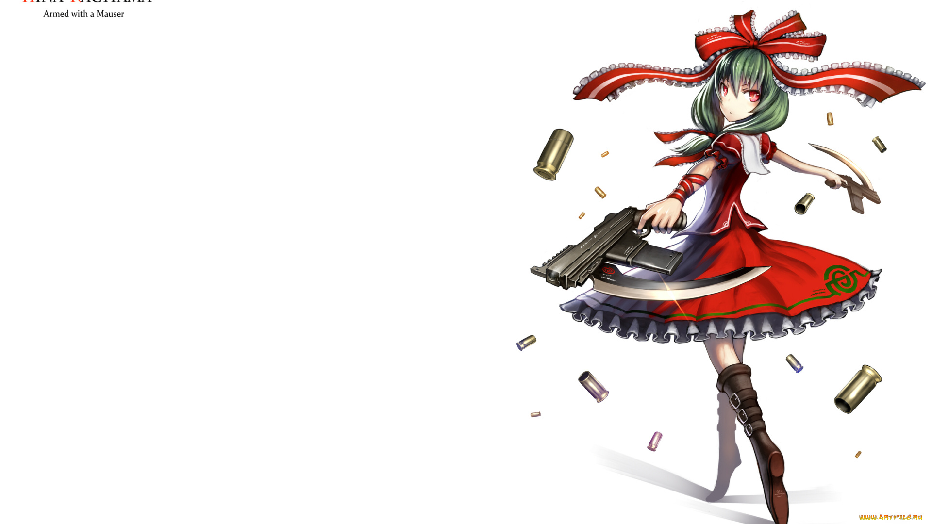 аниме, touhou, kagiyama, hina, gia, арт, девушка, бант, пулемёты, гильзы, оружие