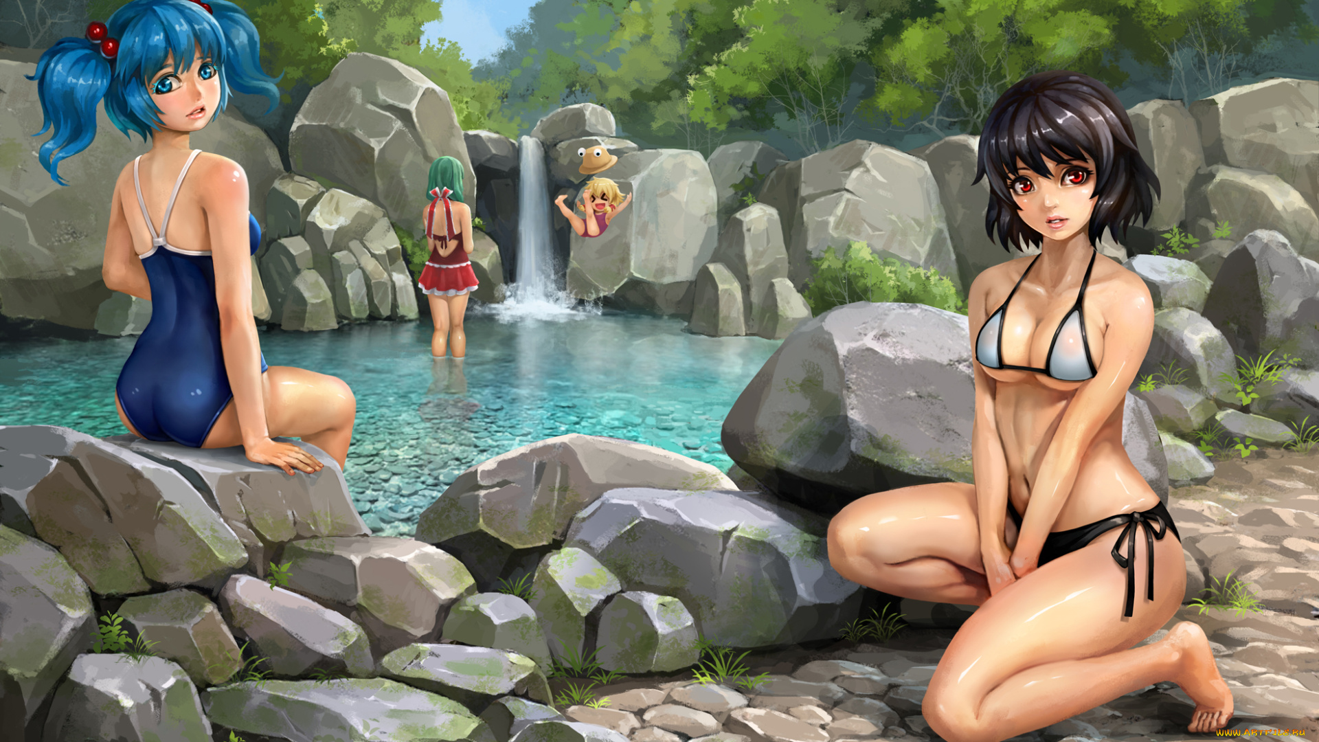 аниме, touhou, тоухоу, арт, природа, камни, озеро, han, dai, купальники, девушки, деревья, вода, водопад
