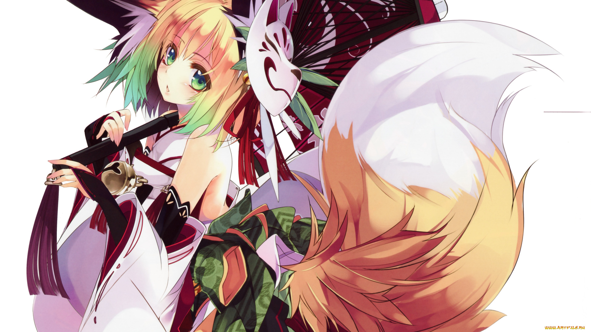 аниме, животные, , существа, shirokitsune, ушки, взгляд, маска, зонт, хвост, лиса, девушка, арт