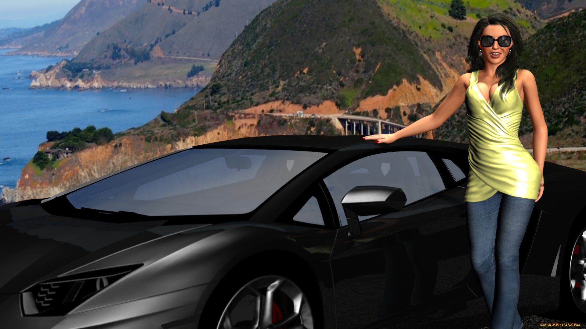 автомобили, 3d, car&girl, взгляд, девушка, автомобиль, улыбка, фон