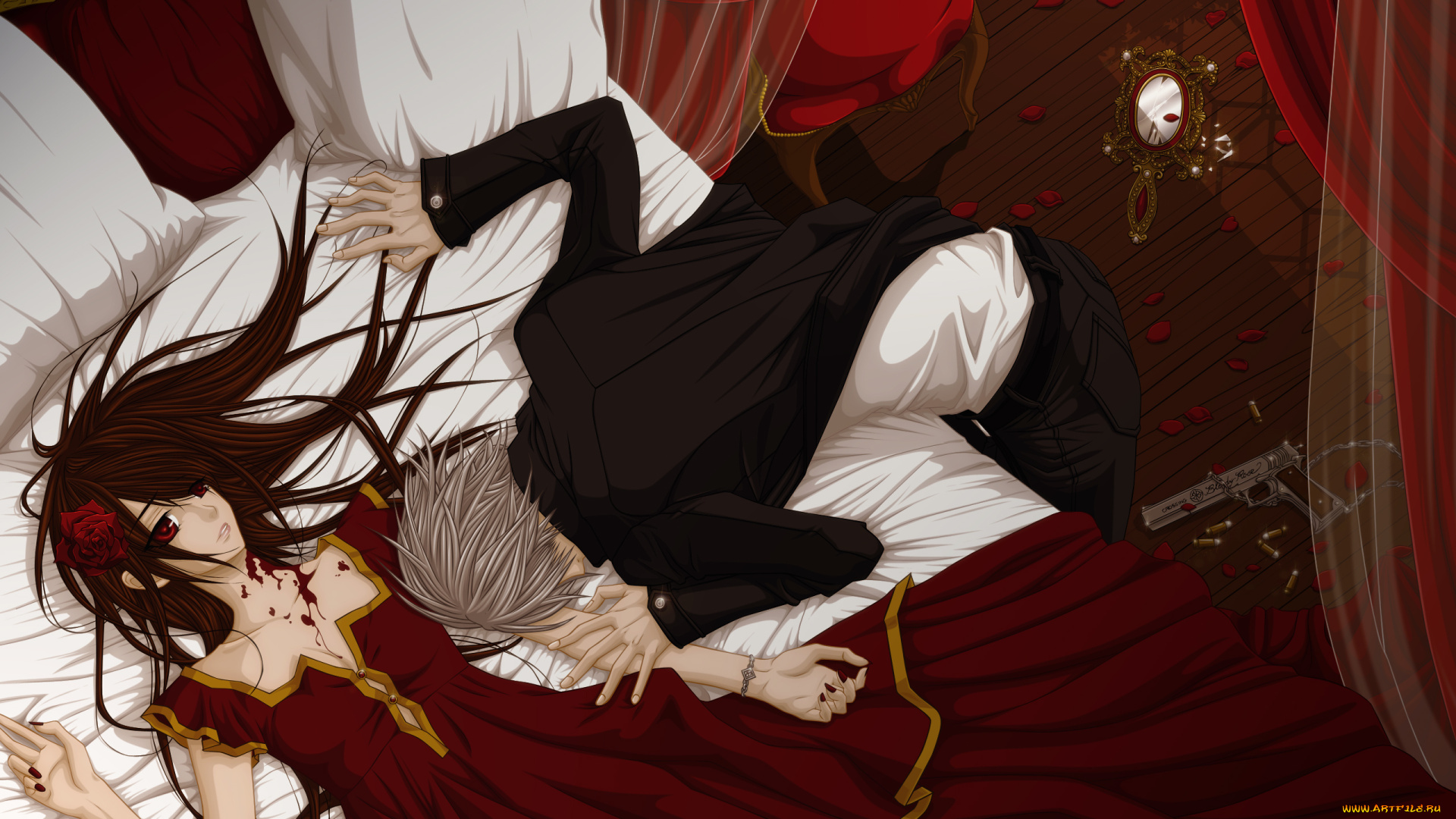 by, cilou, аниме, vampire, knight, мужчина, девушка, kiryu, zero, патроны, оружие, пистолет, лепестки, зеркало, цепь, занавески, кресло, платье, осколки, подушка, браслет, цветок, роза, кровь, кровать, yuuki, cross