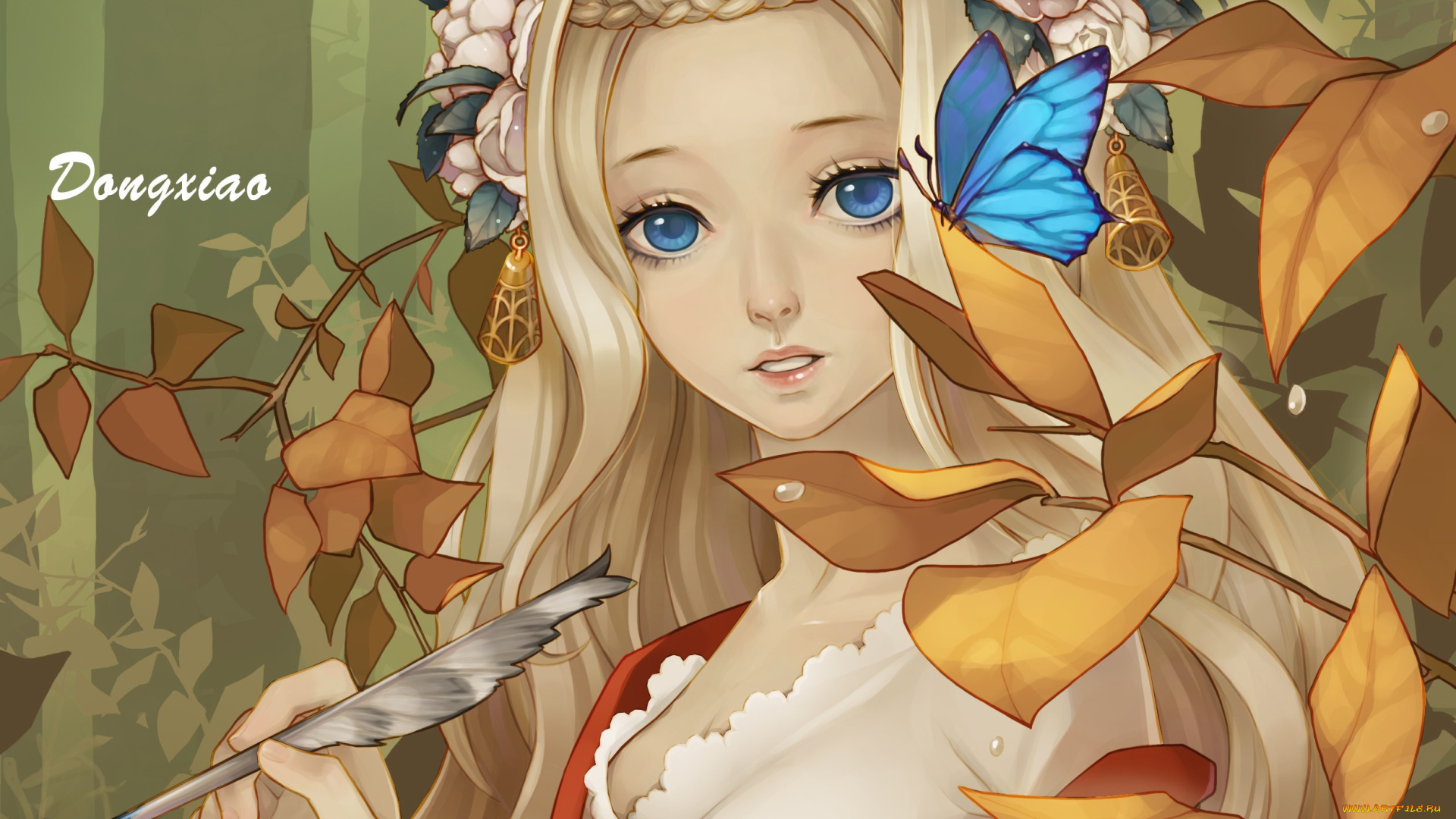 dong, xiao, аниме, unknown, , другое, бабочка, перо, девочка, dong, xiao, арт, листья, цветы