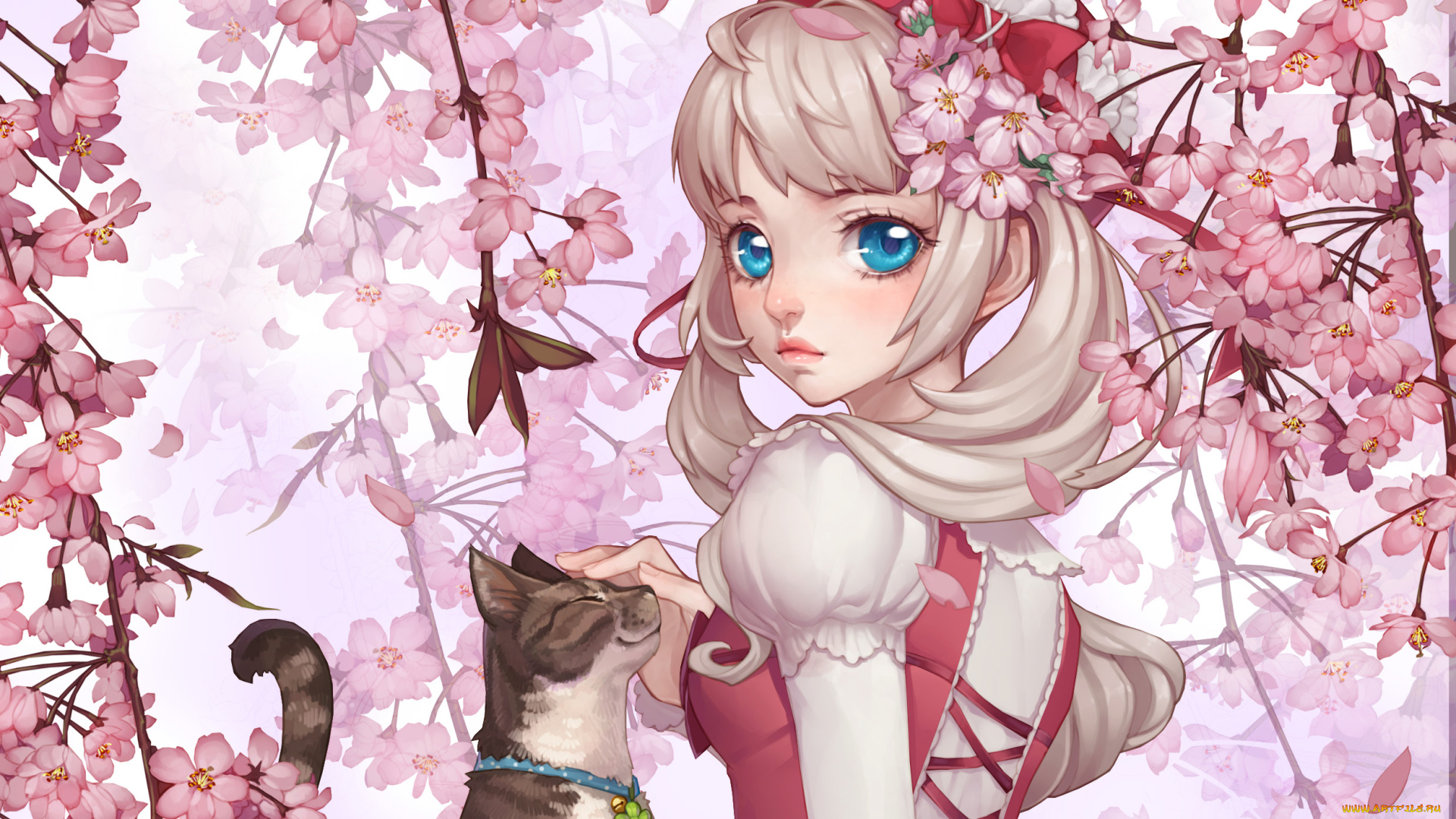 dong, xiao, аниме, unknown, , другое, бант, колокольчик, ошейник, кошка, девушка, dong, xiao, арт, цветы, сакура