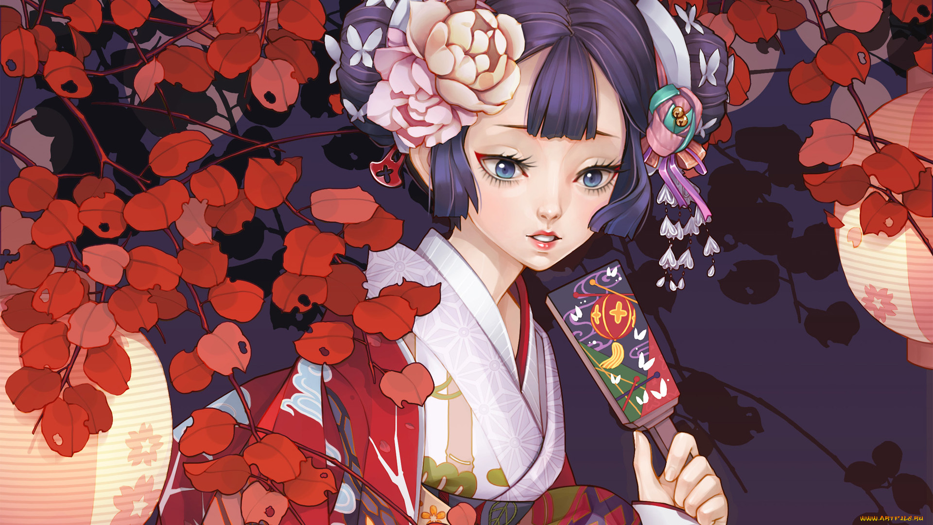 dong, xiao, аниме, unknown, , другое, фонарики, цветы, веер, девочка, dong, xiao, арт