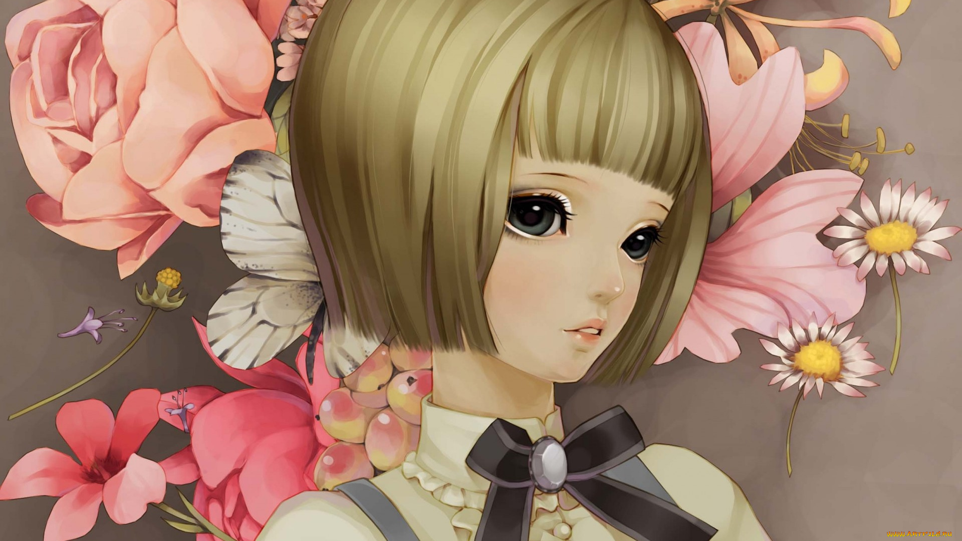 dong, xiao, аниме, unknown, , другое, пионы, ромашки, лицо, цветы, девушка, бабочка, dong, xiao, арт
