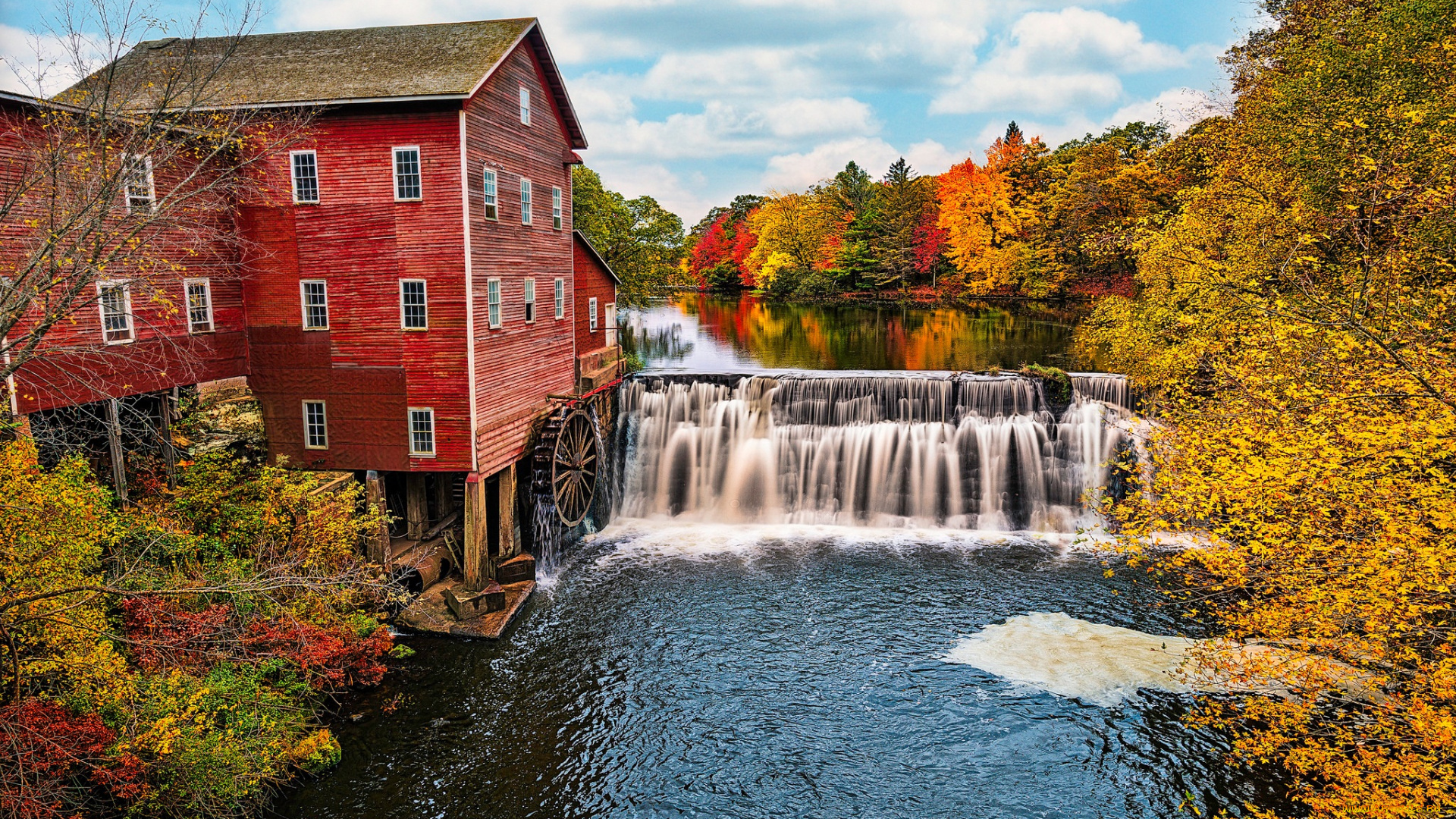 города, -, пейзажи, сша, штат, висконсин, водяная, мельница, река, лес, осень, начало, ноябрь