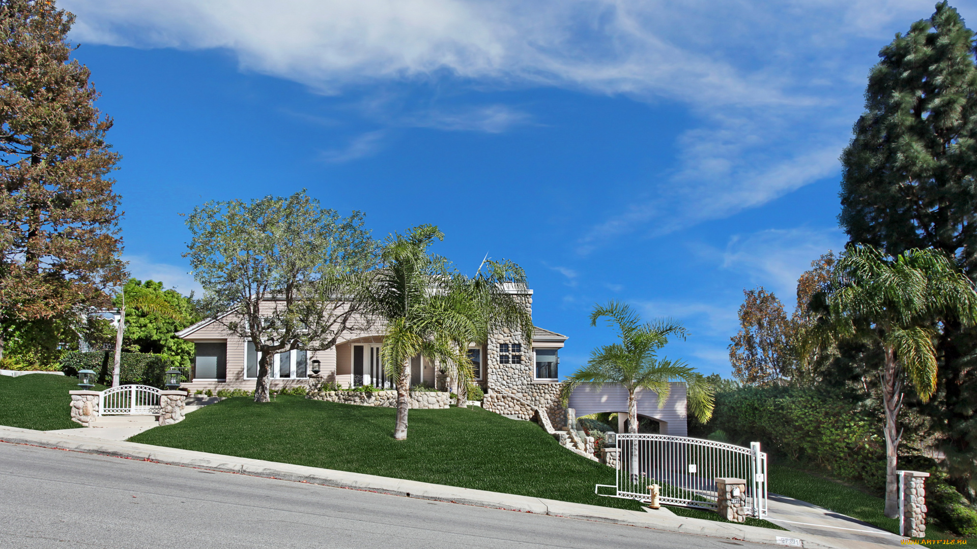 города, -, здания, , дома, деревья, особняк, дом, газон, ландшафт