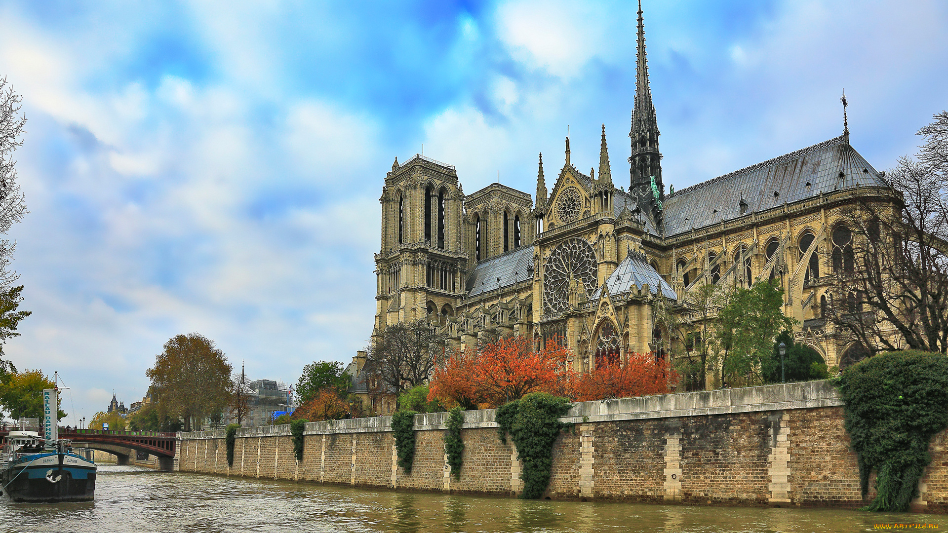 города, париж, , франция, париж, небо, река, сена, собор, парижской, богоматери