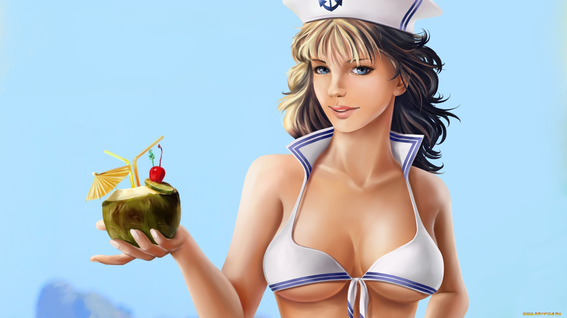 рисованное, люди, грудь, коктейль, пилотка, взгляд, девушка, арт, эротика