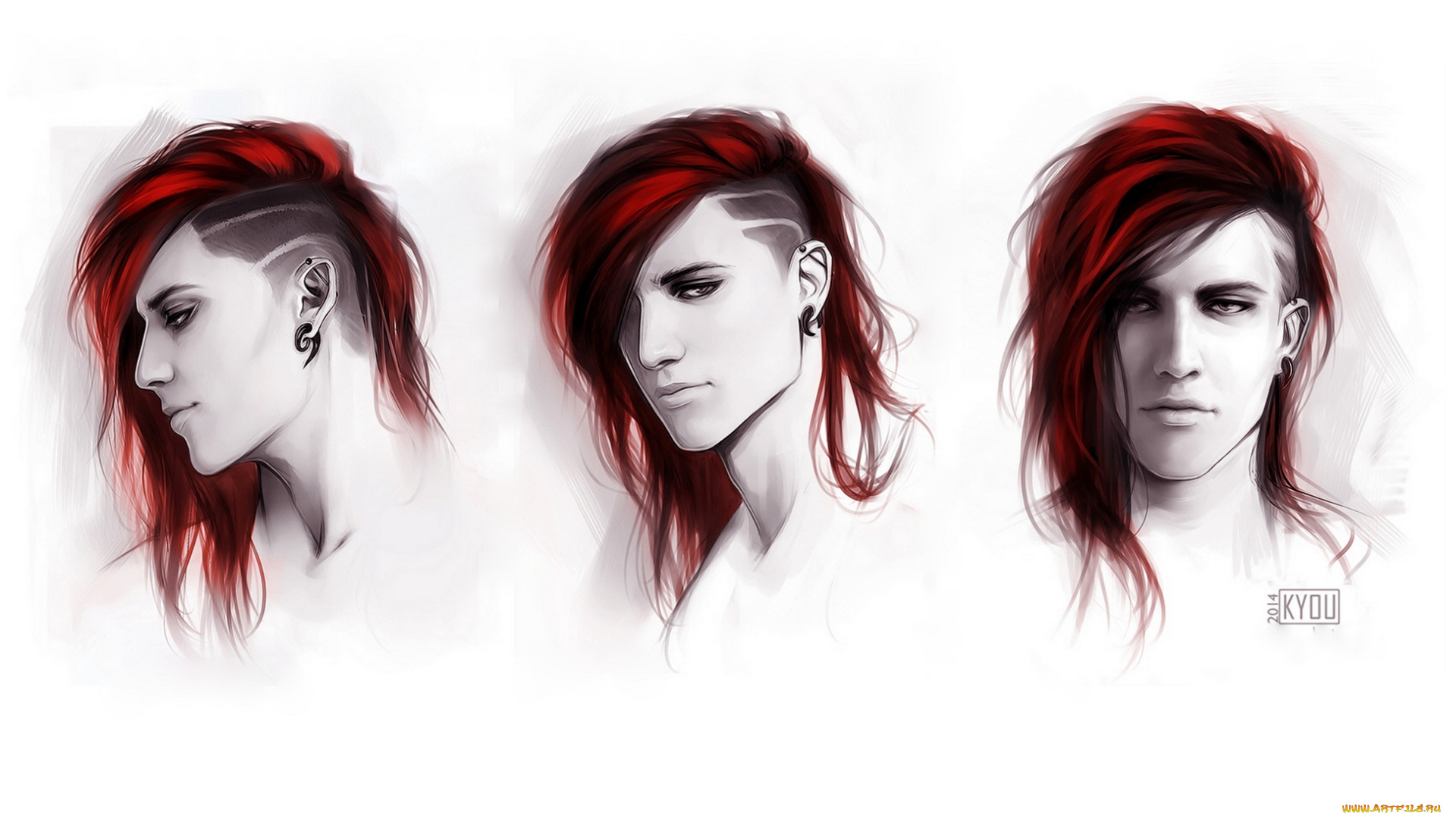 рисованное, люди, ирокез, причёска, парень, поворот, лицо, портрет, волосы, красные