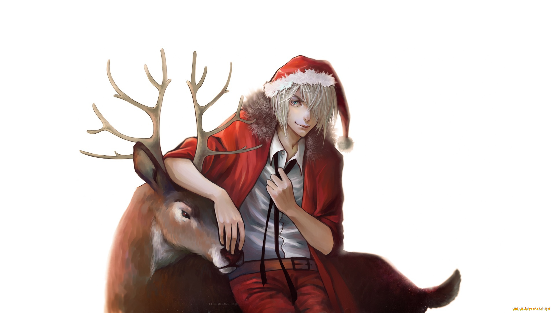 рисованное, праздники, олень, парень