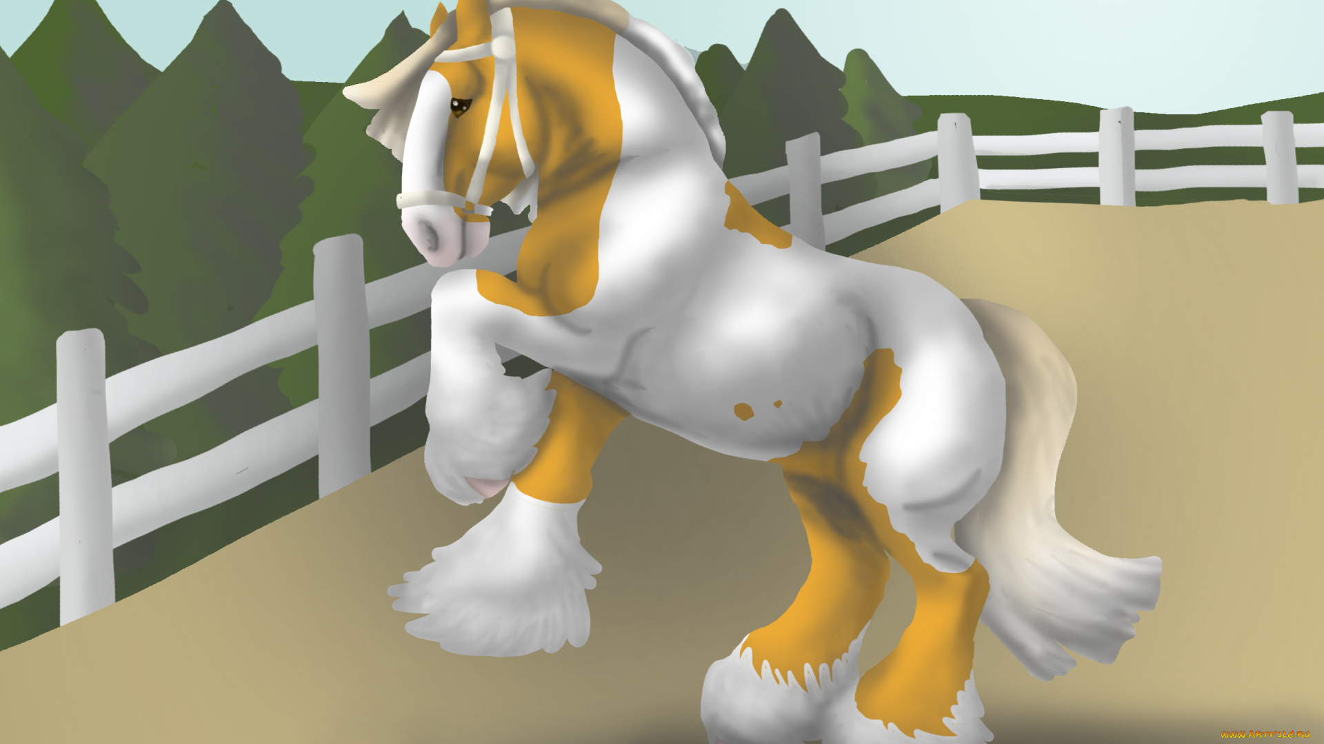 рисованное, животные, , лошади, лошадь, забор