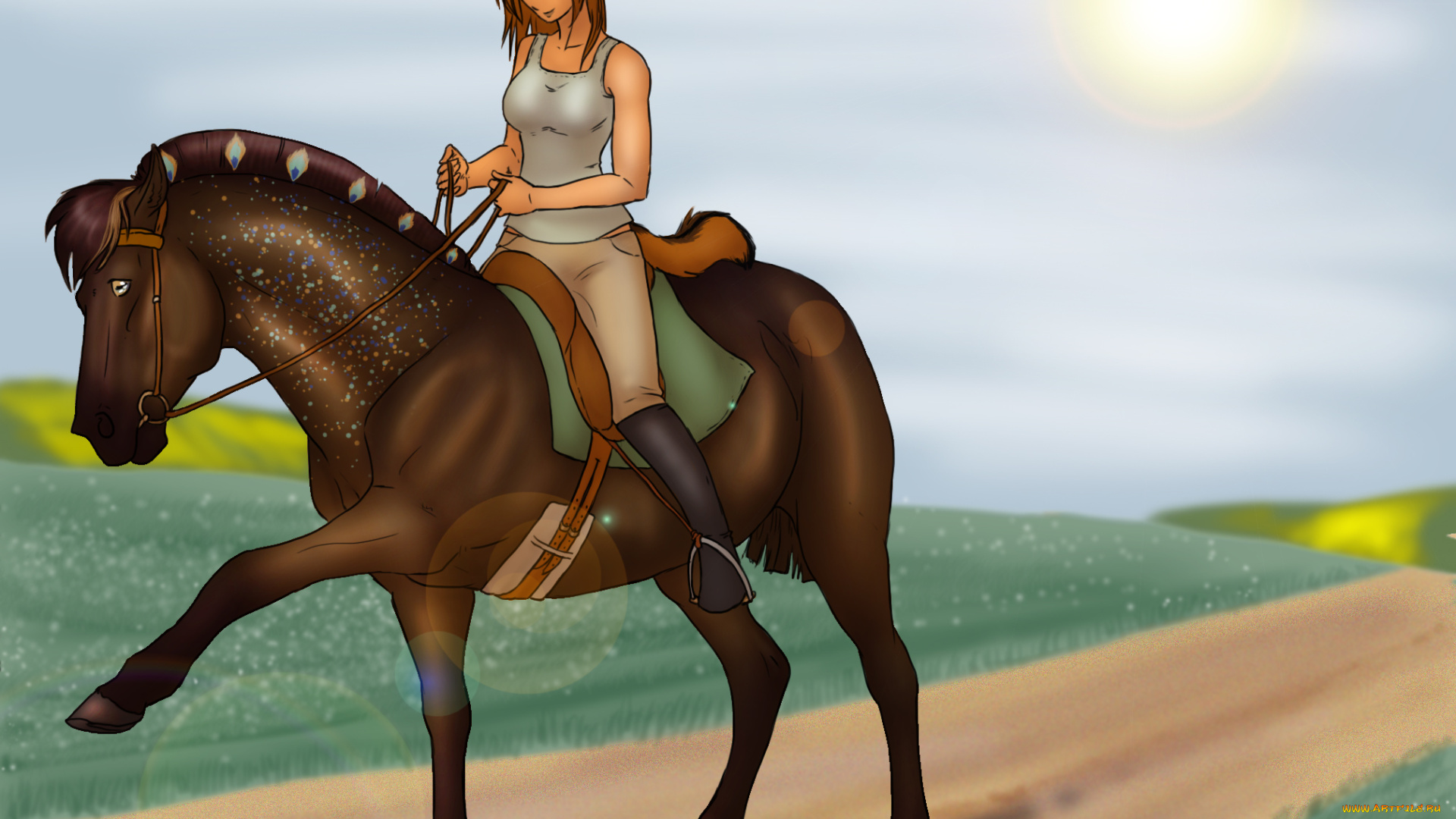 рисованное, животные, , лошади, всадник, лошадь