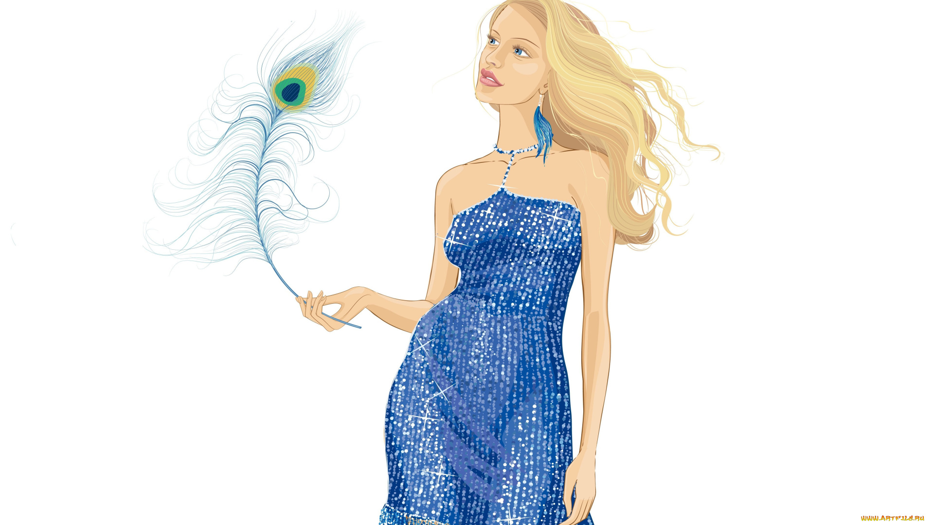 векторная, графика, девушки, перо, павлина, девушка, стиль, платье, взгляд