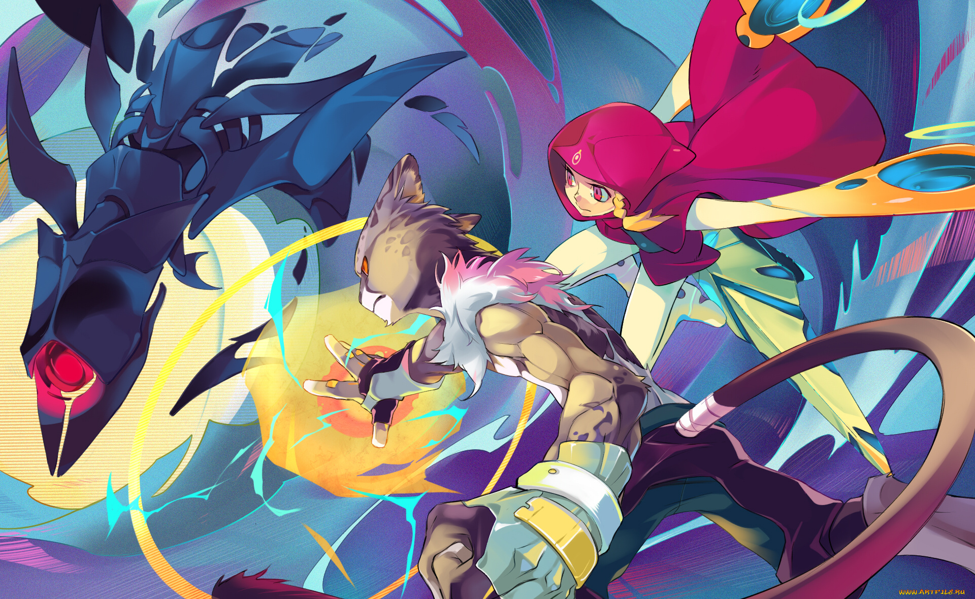 аниме, оружие, , техника, , технологии, min, minyinr, арт, магия, зверь, технологии, девушка, капюшон