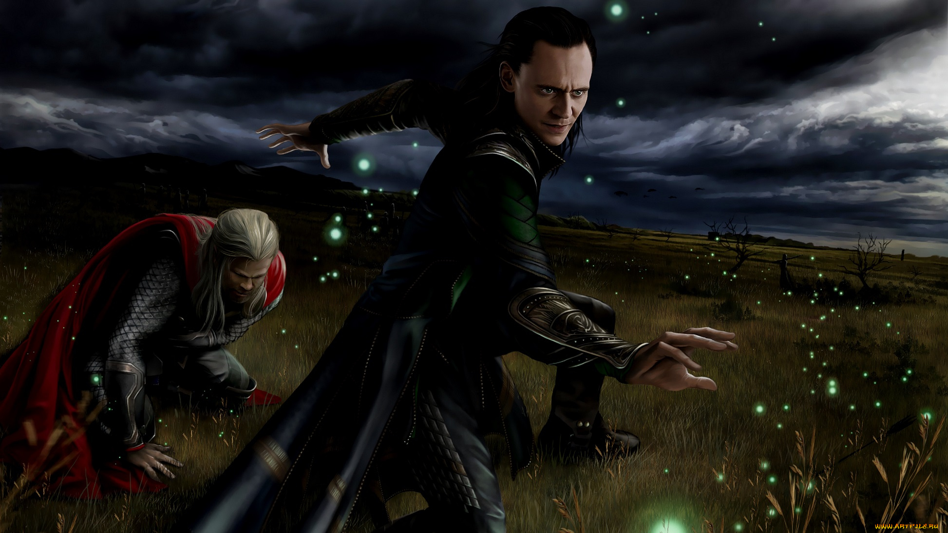 рисованное, кино, братья, небо, трава, локи, тор, тучи, мужчины