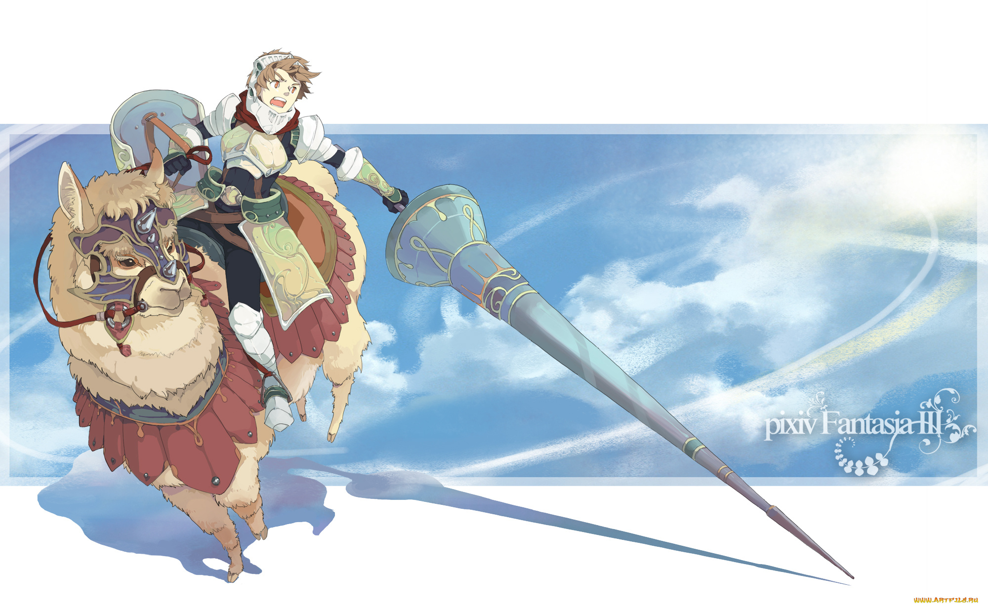 аниме, pixiv, fantasia, pixiv, fantasia, min, minyinr, арт, доспехи, животное, копьё, оружие