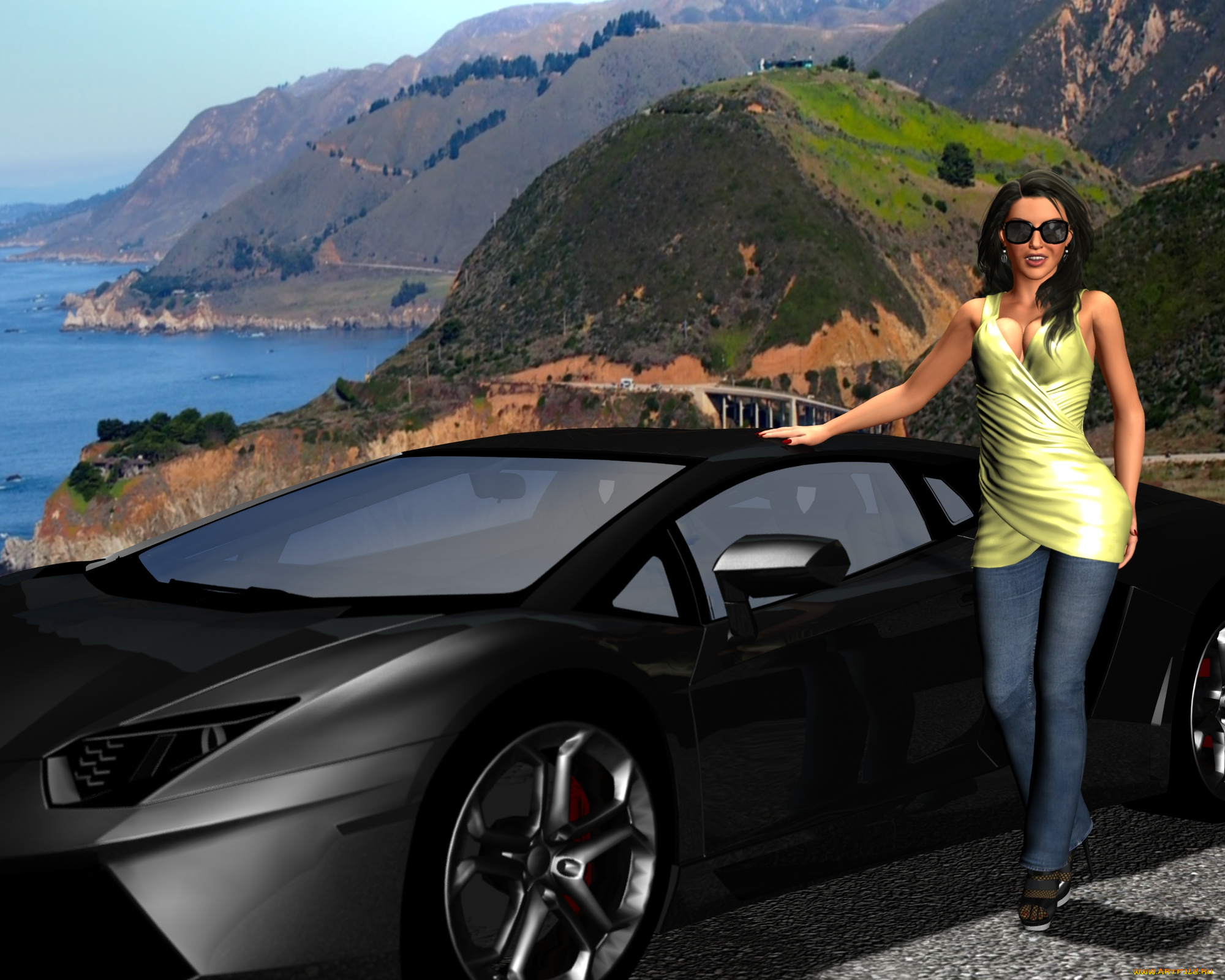 автомобили, 3d, car&girl, взгляд, девушка, автомобиль, улыбка, фон