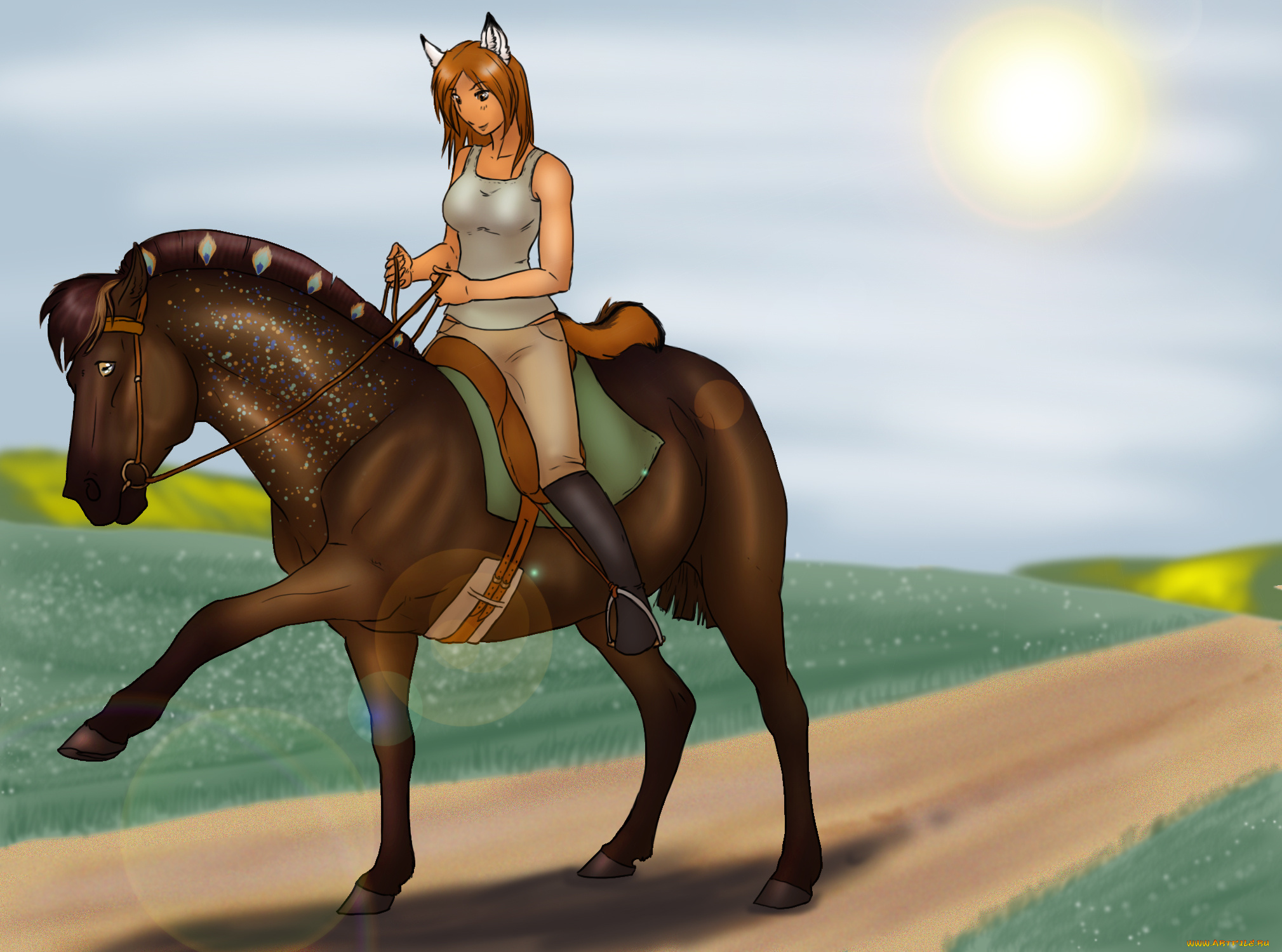 рисованное, животные, , лошади, всадник, лошадь