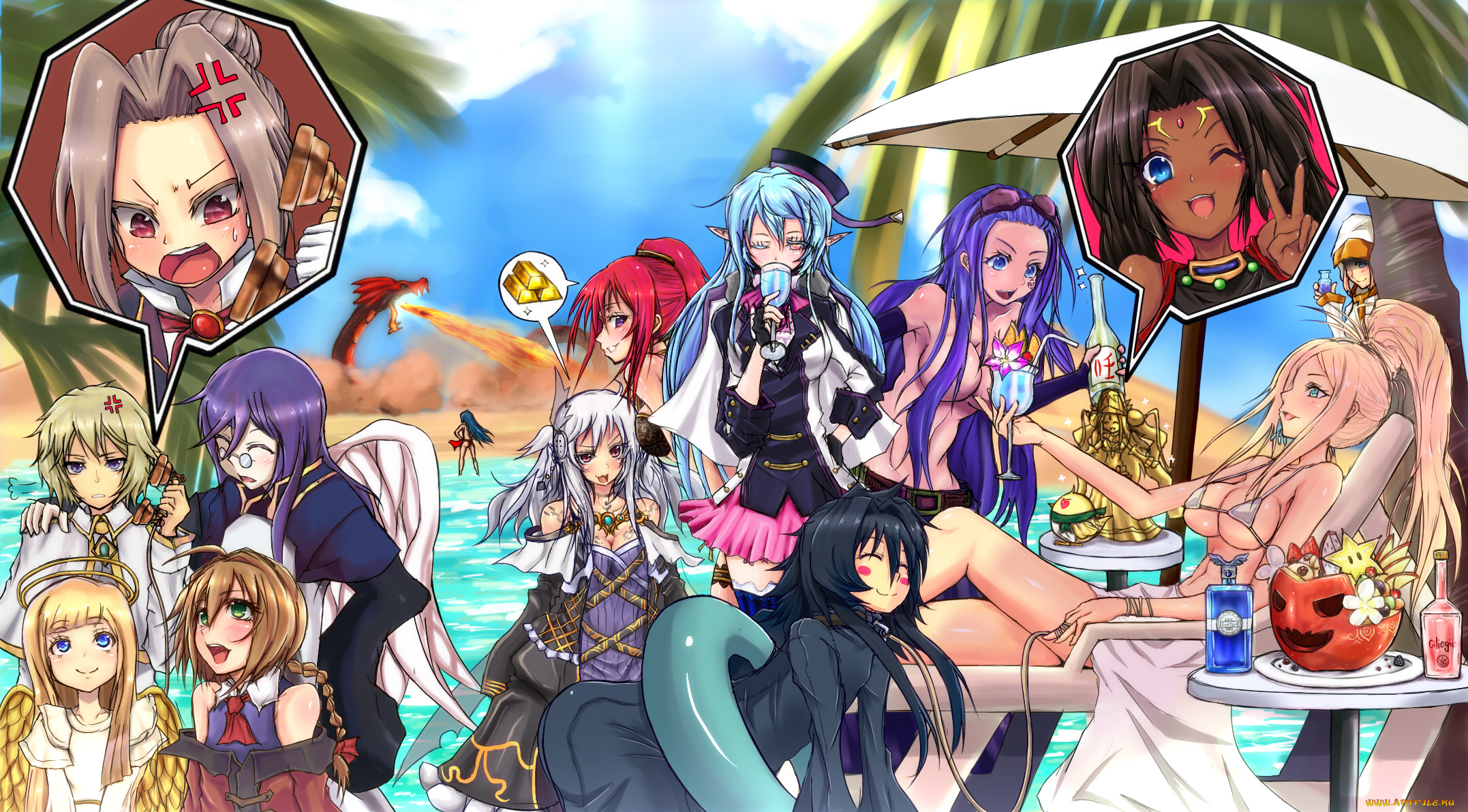 аниме, pixiv, fantasia, дракон, море, лето, пляж, девушки, арт, omimushi, эльф, ангел, парни, пламя, fantasia, pixiv, персонажи