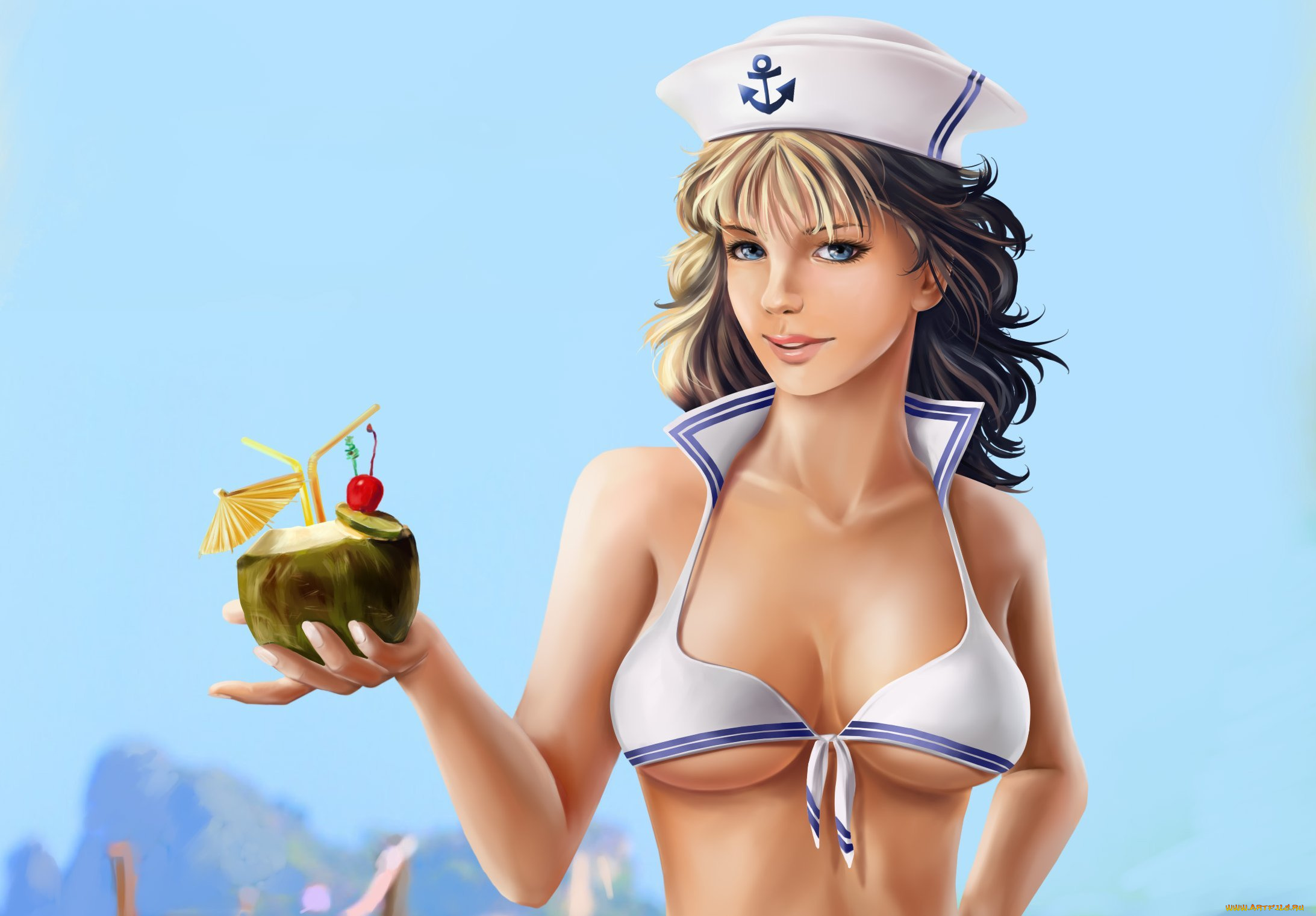 рисованное, люди, грудь, коктейль, пилотка, взгляд, девушка, арт, эротика