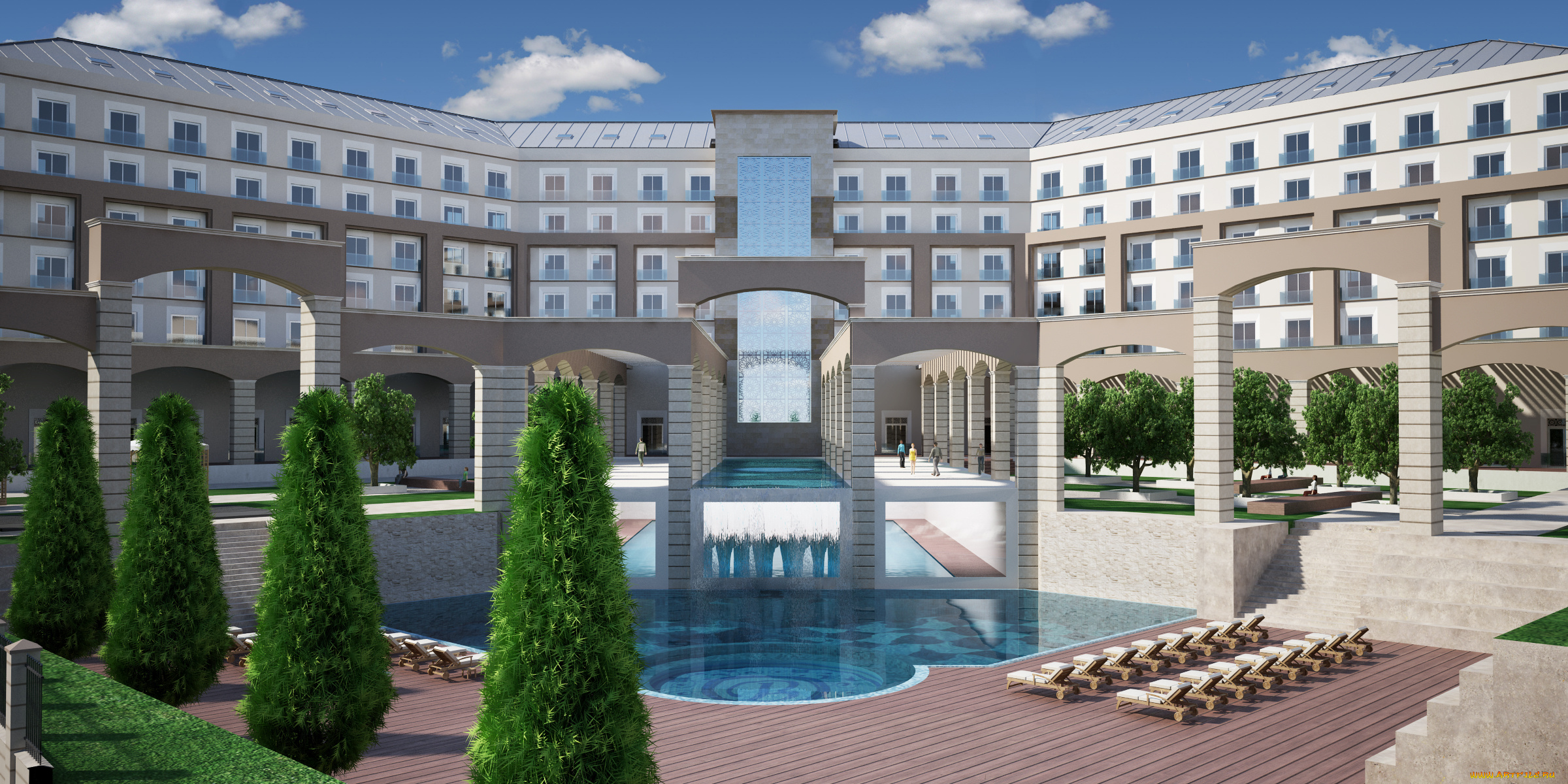 3д, графика, архитектура, , architecture, облака, небо, дом, деревья, шезлонги, бассейн