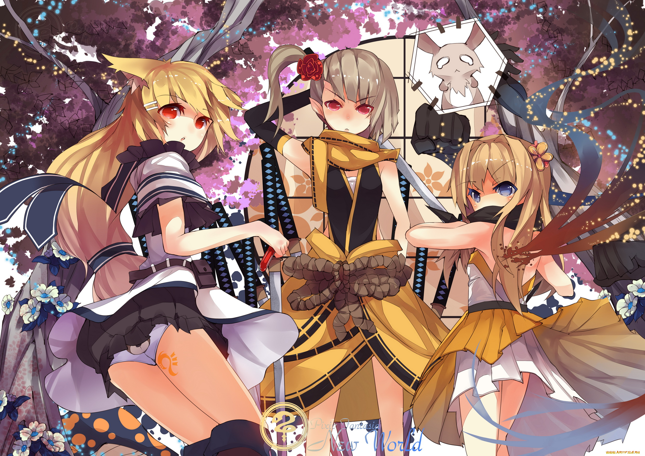 аниме, pixiv, fantasia, pixiv, fantasia, rain, lan, арт, трио, деревья, цветы, девушки, фантастика