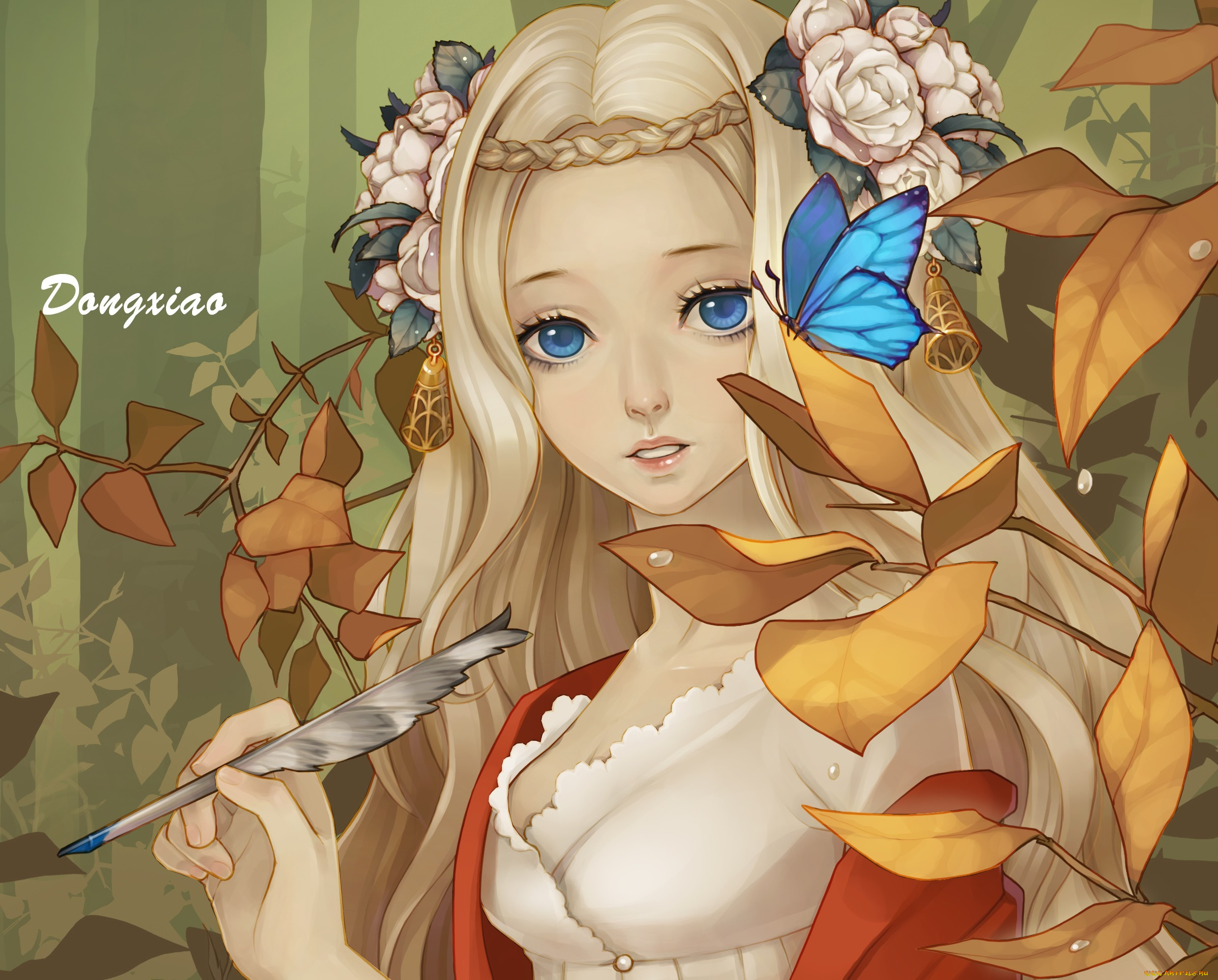 dong, xiao, аниме, unknown, , другое, бабочка, перо, девочка, dong, xiao, арт, листья, цветы