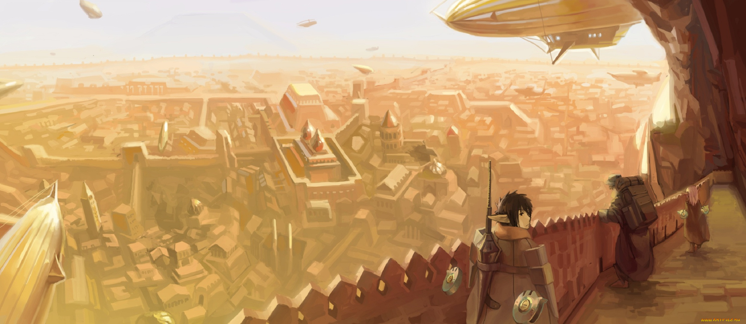 аниме, pixiv, fantasia, арт, rai32019, город, парень, эльф, транспорт, fantasia, pixiv