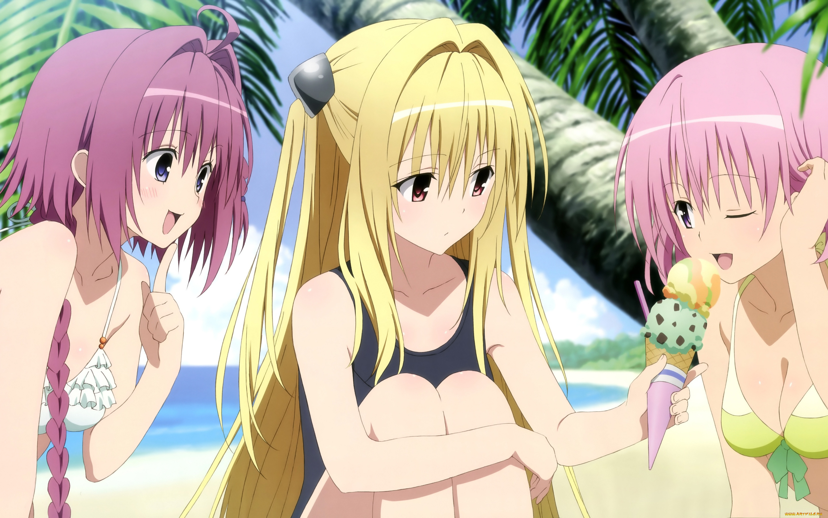 аниме, to-love-ru, мороженое, пляж, девушки