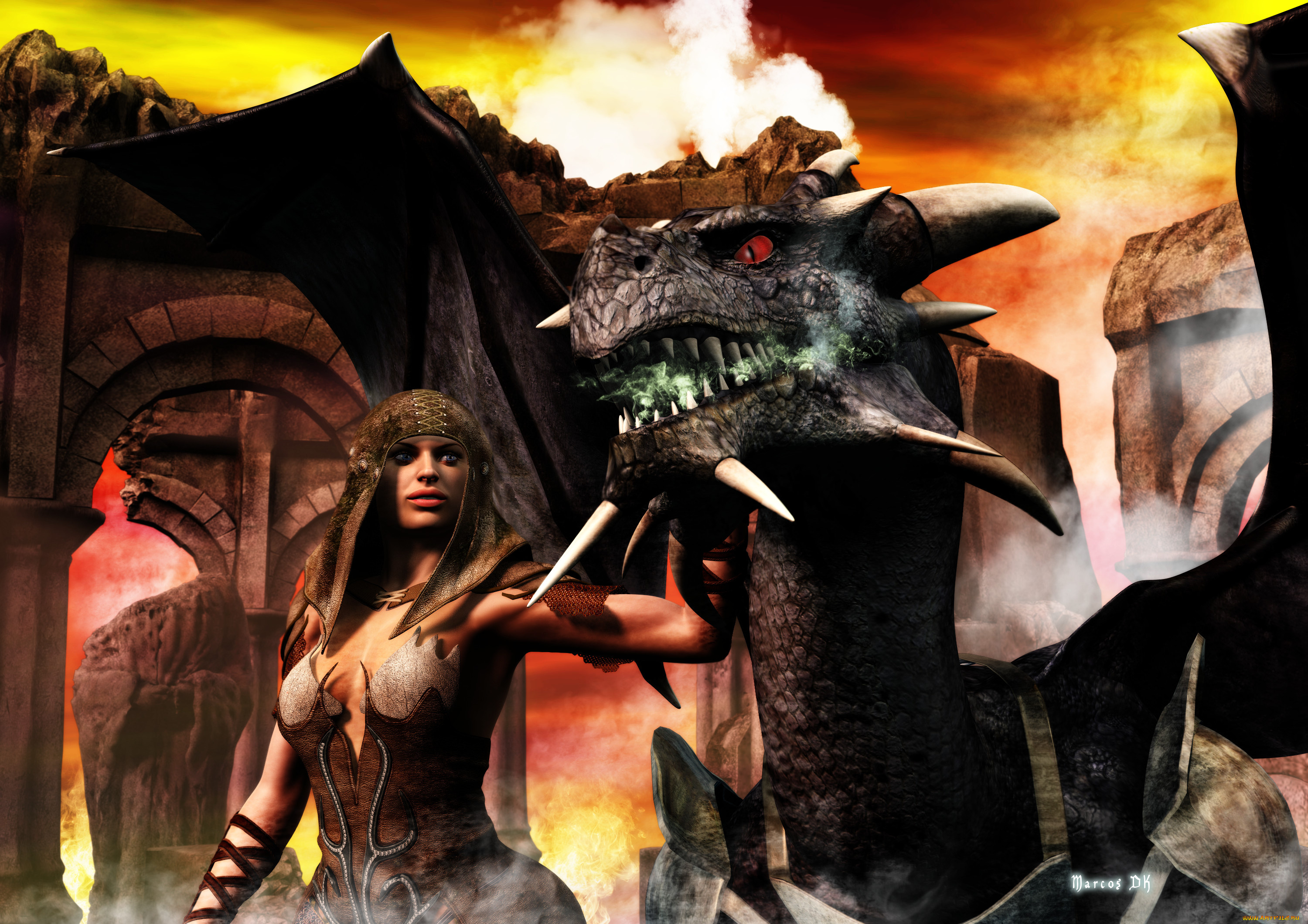 3д, графика, фантазия, , fantasy, дракон, фон, взгляд, девушка