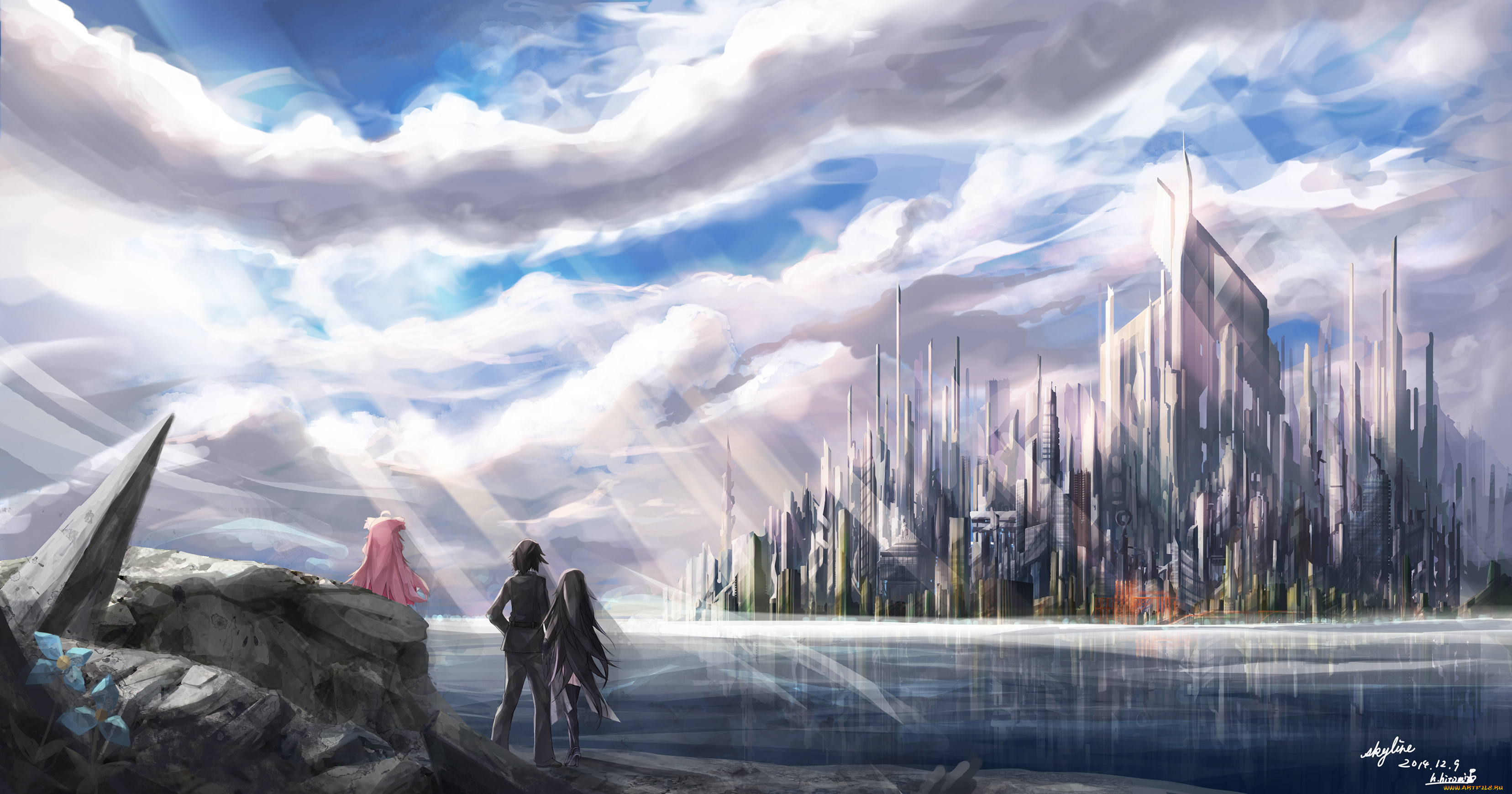 аниме, mahou, shoujo, madoka, magika, арт, riburanomind, облака, пейзаж, город, лучи, озеро, цветы, небо, парень, девушка