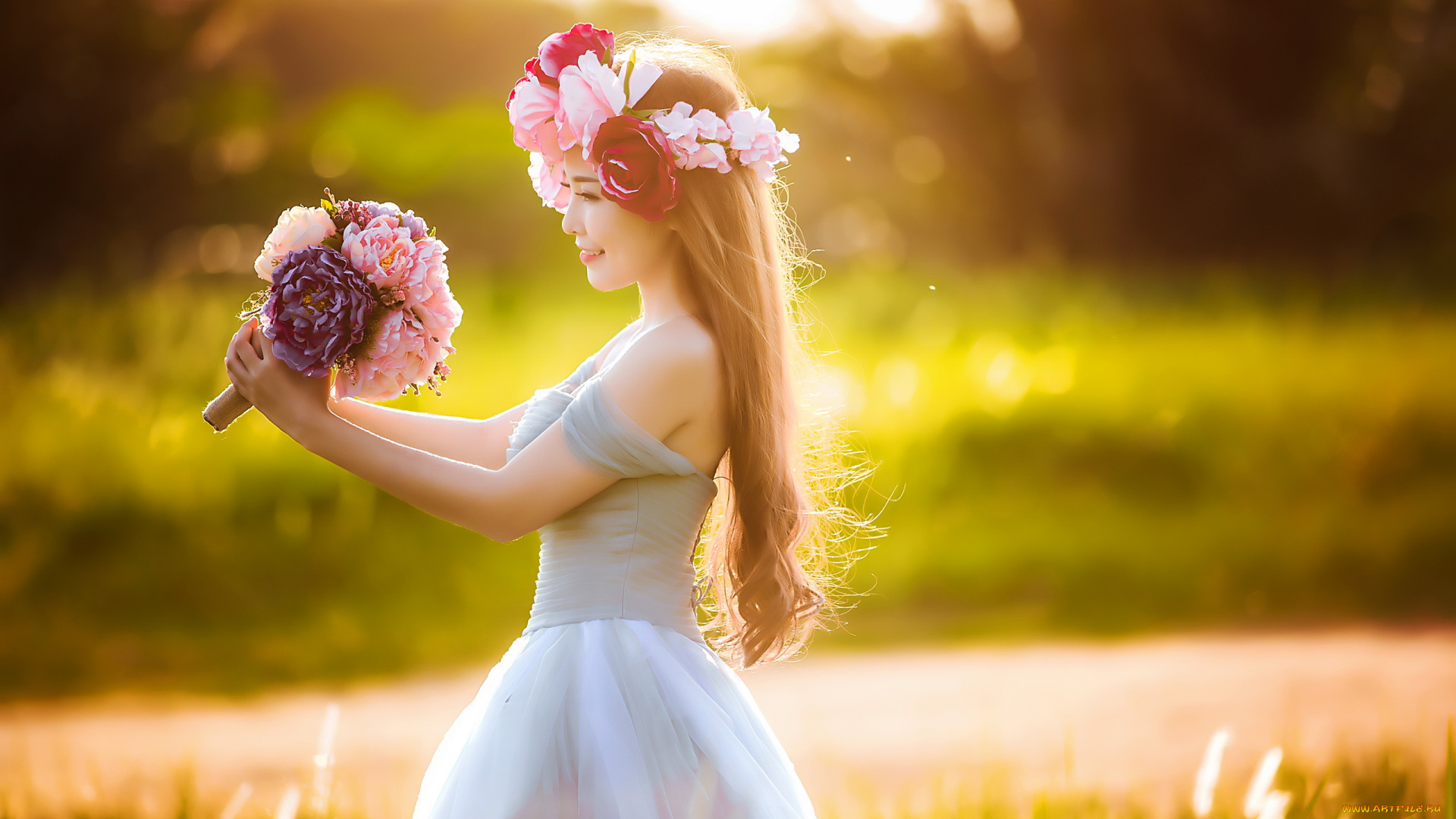 девушки, -unsort, , азиатки, лето, цветы, девушка