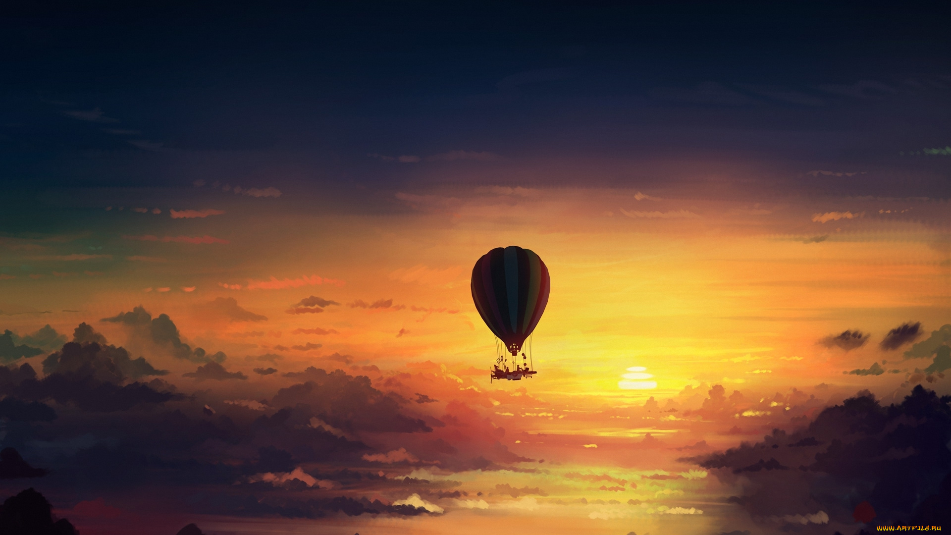 фэнтези, романтика, апокалипсиса, art, apocalypse, hot, air, balloon, romantically, apocalyptic, alexiuss, закат, облака, небо