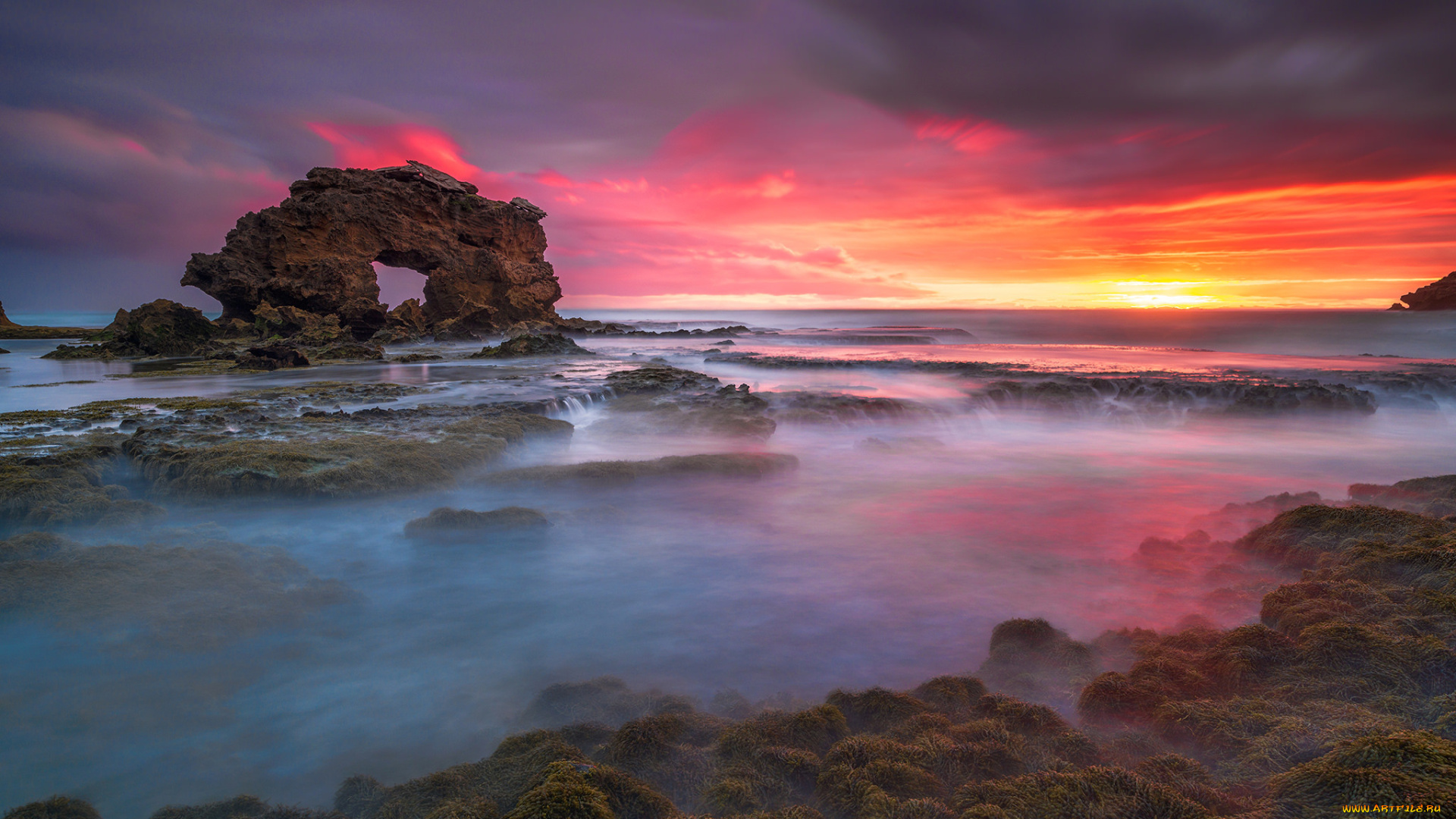 природа, побережье, закат, скалы, море