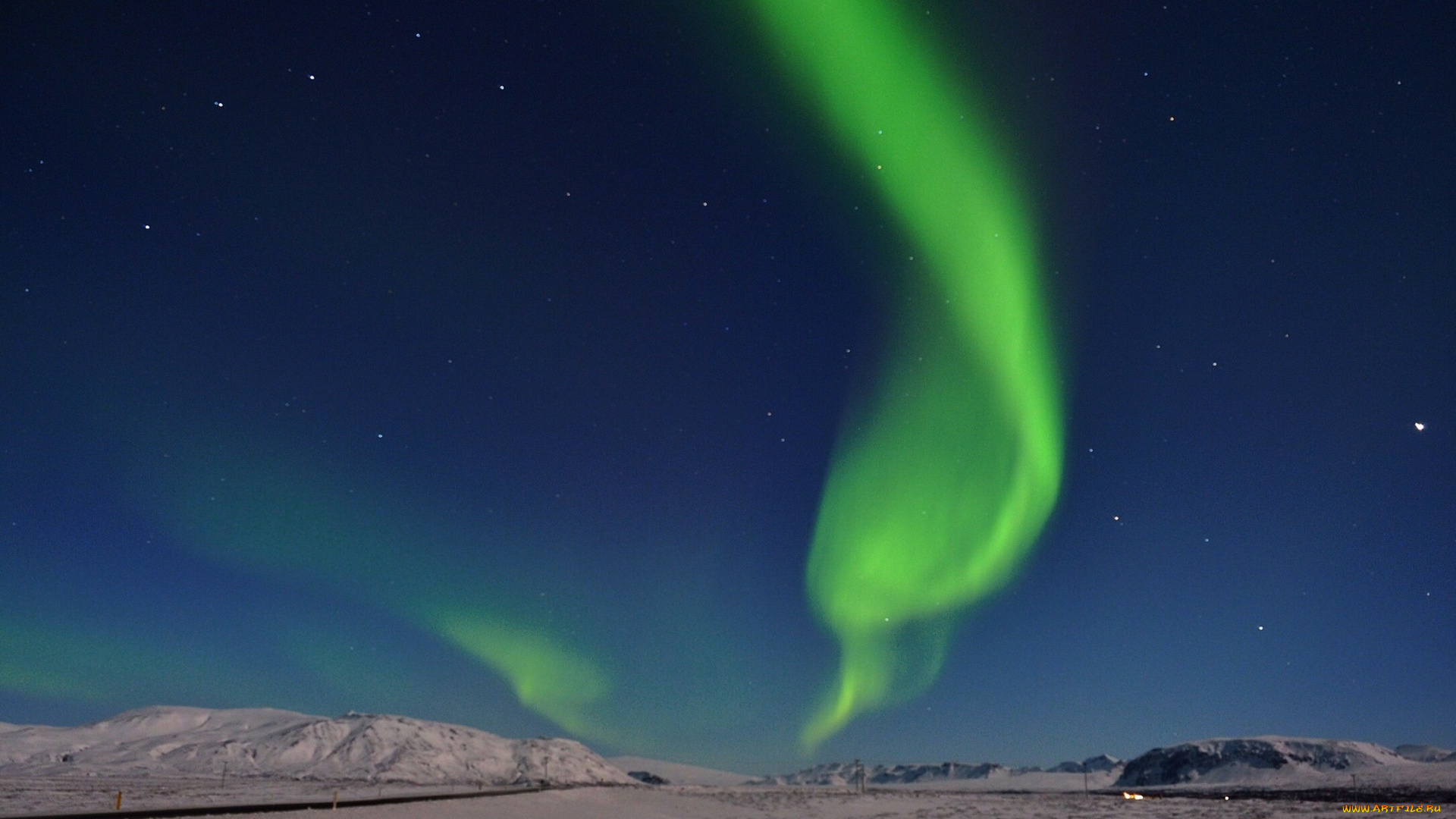 природа, северное, сияние, снег, горы, северное, сияние, дорога, небо, звезды