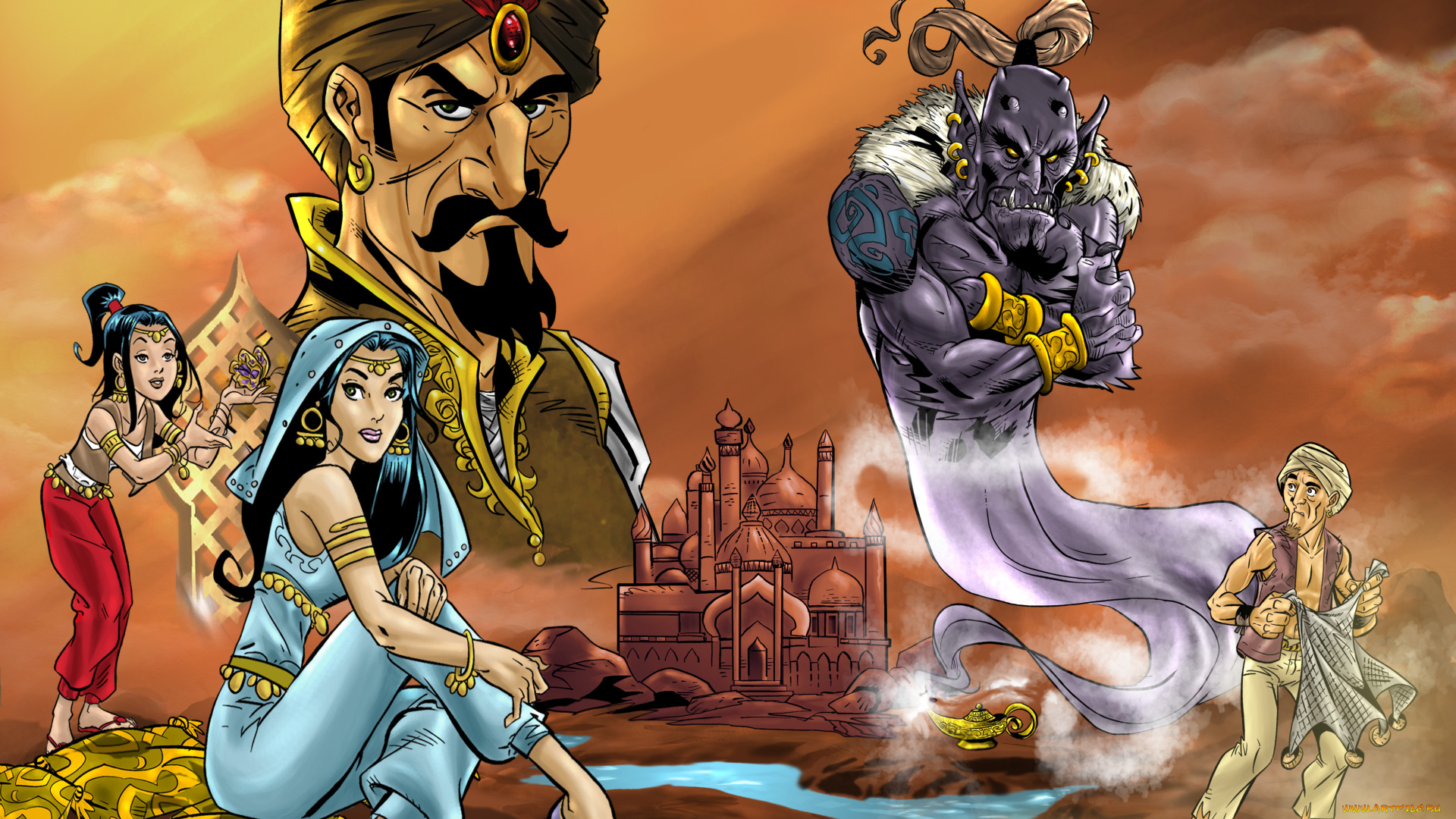 рисованное, комиксы, джин, мужчина, девушка, фон, взгляд