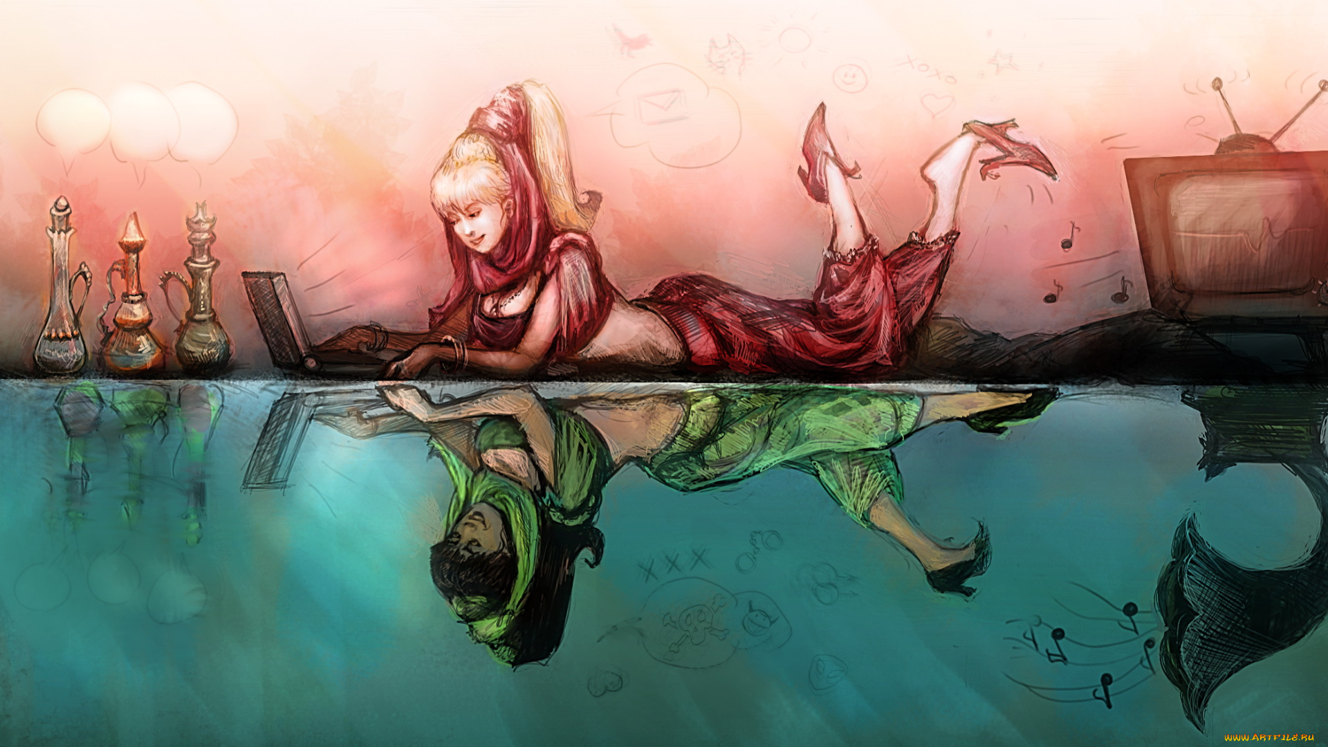 рисованное, комиксы, фон, отражение, девушка