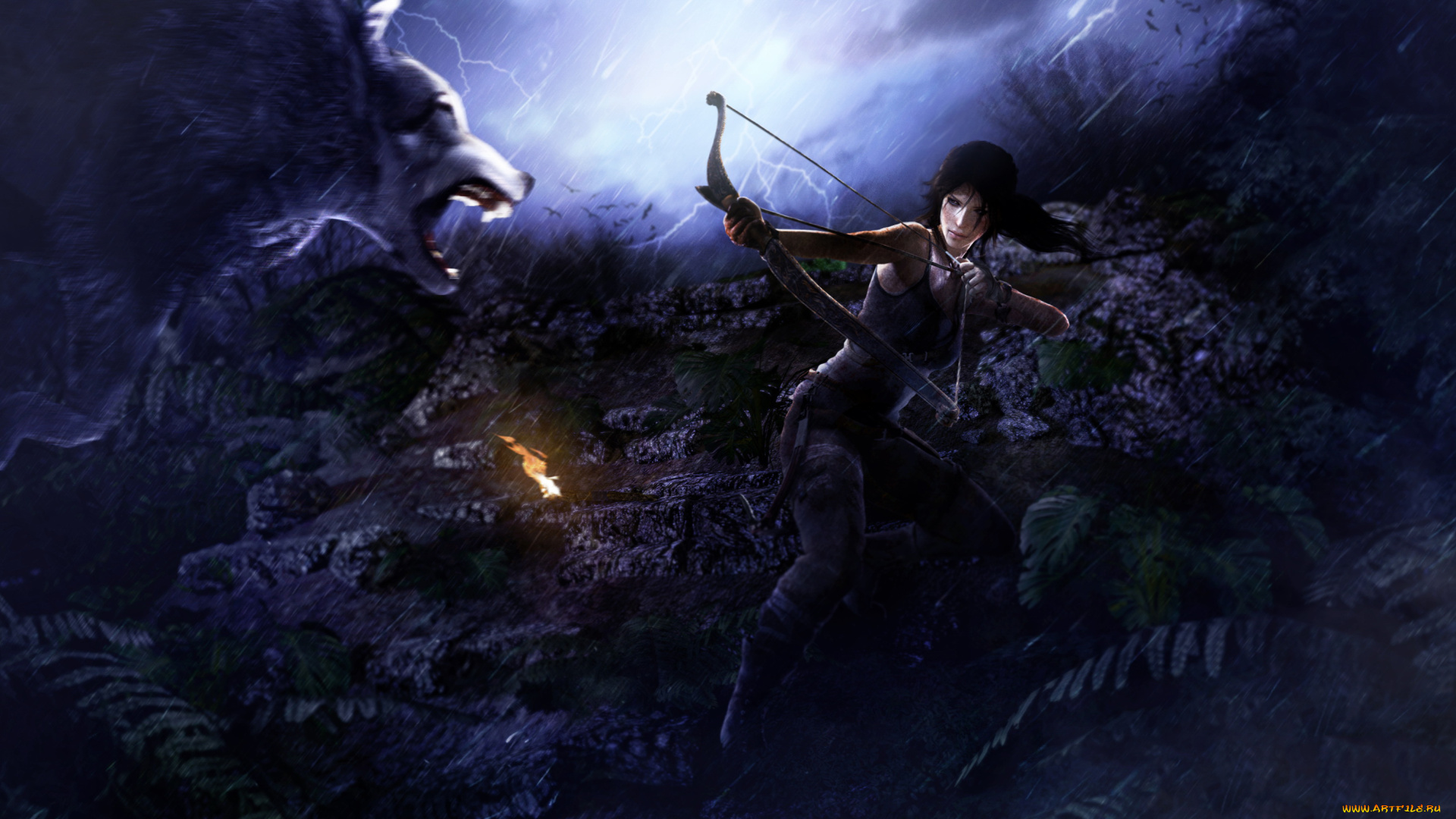 видео, игры, rise, of, the, tomb, raider, девушка, фон, взгляд, лук, стрела, волк