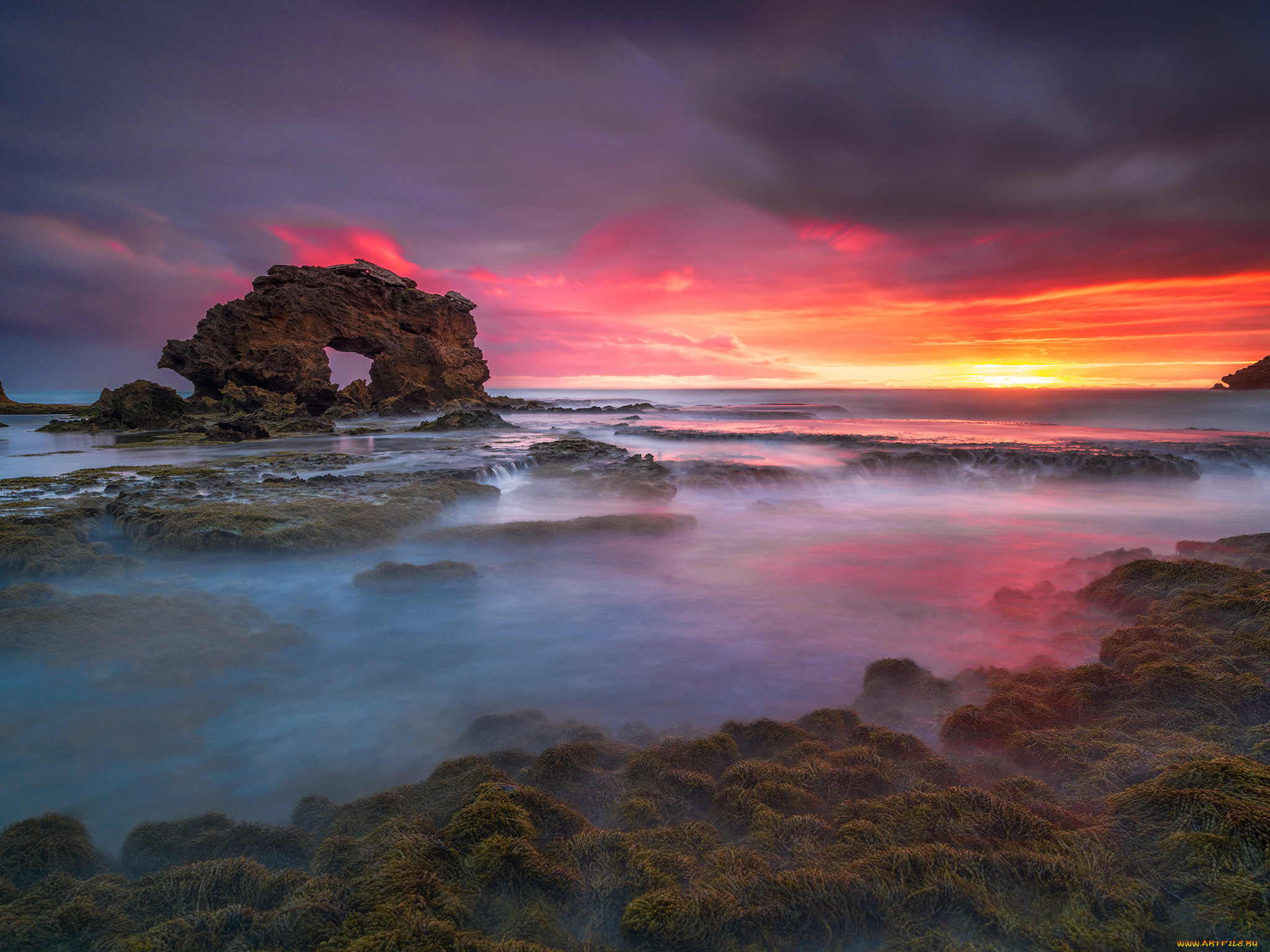 природа, побережье, закат, скалы, море