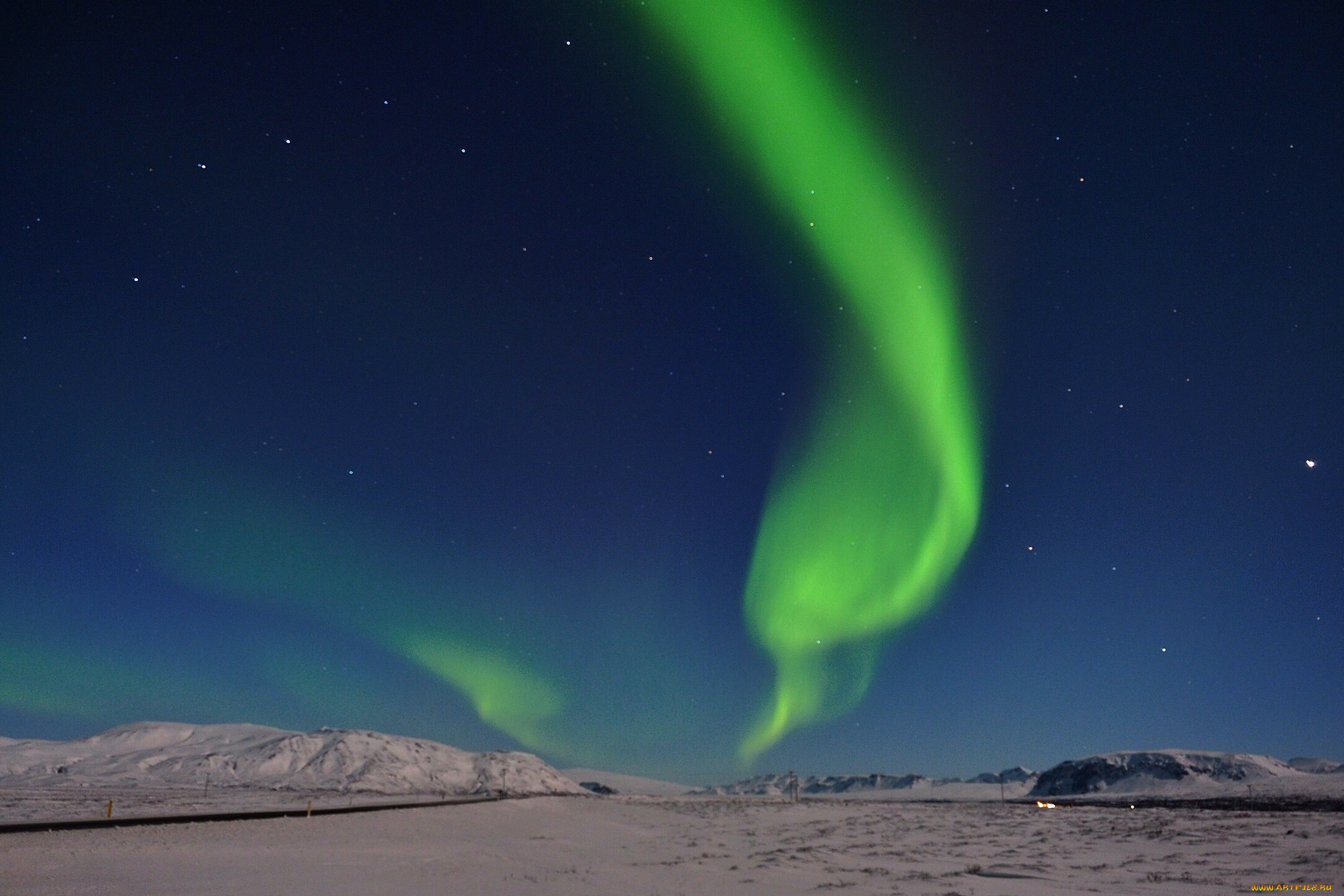 природа, северное, сияние, снег, горы, северное, сияние, дорога, небо, звезды