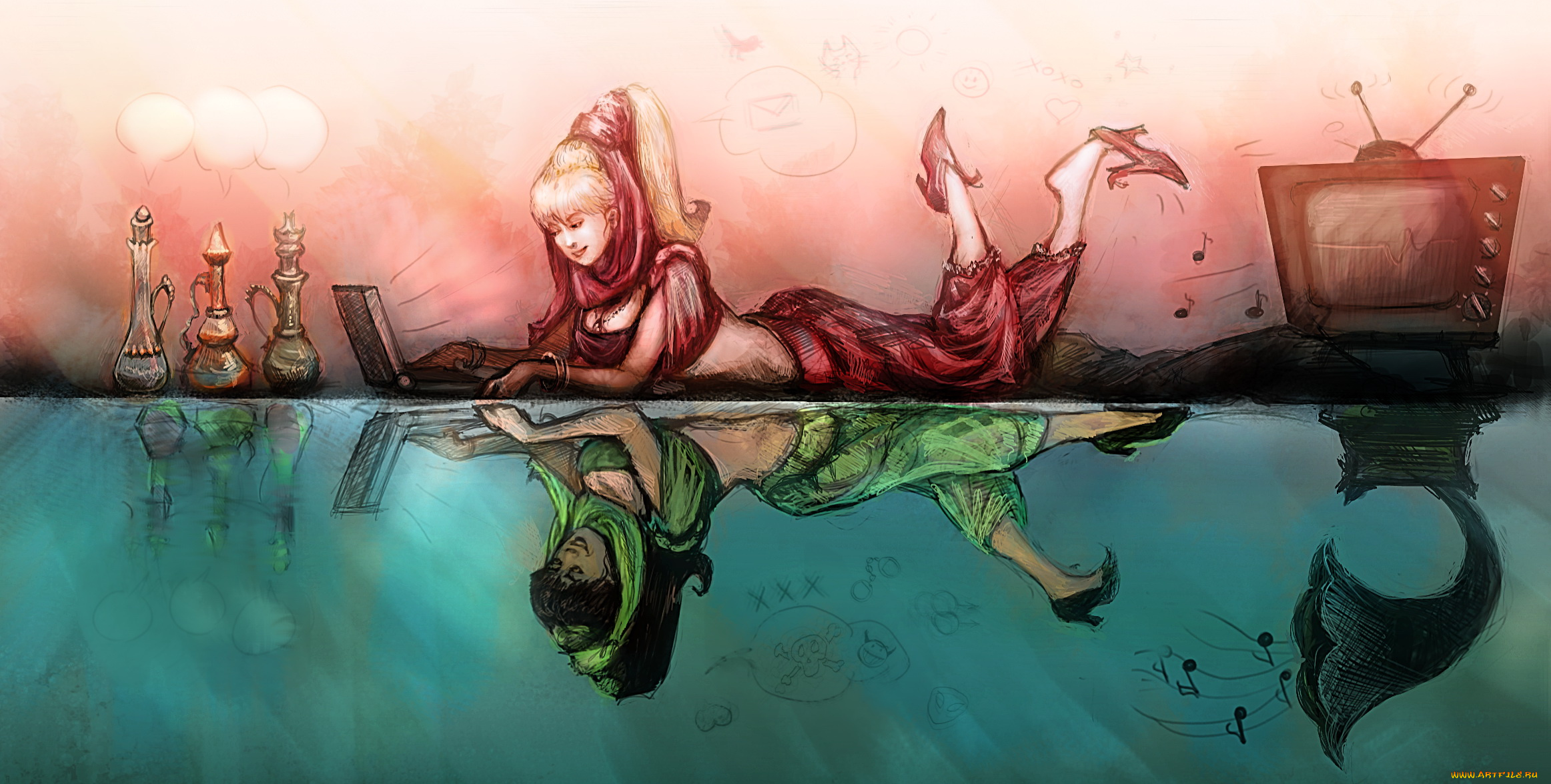 рисованное, комиксы, фон, отражение, девушка