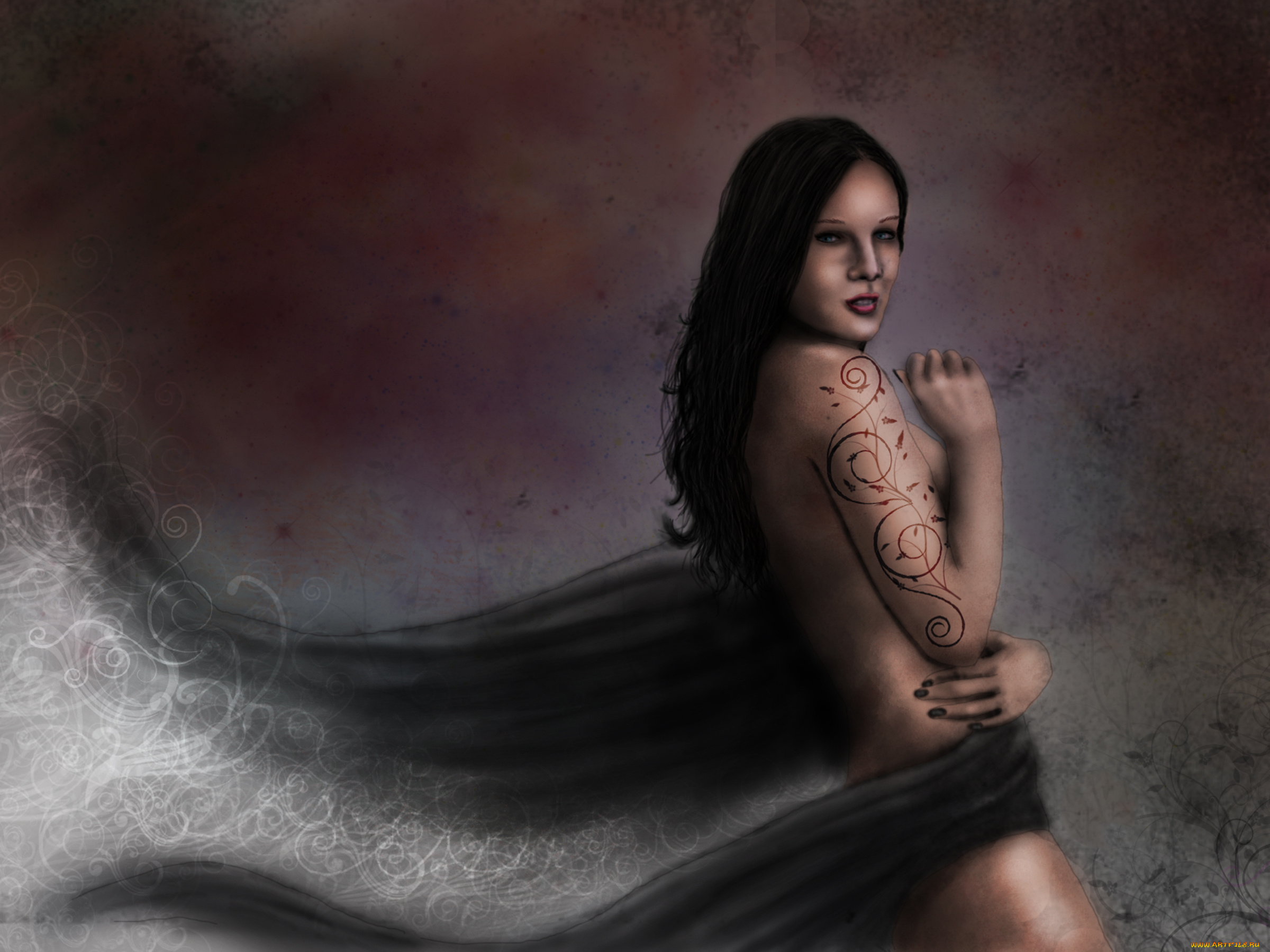 рисованное, люди, тату, девушка, взгляд, фон