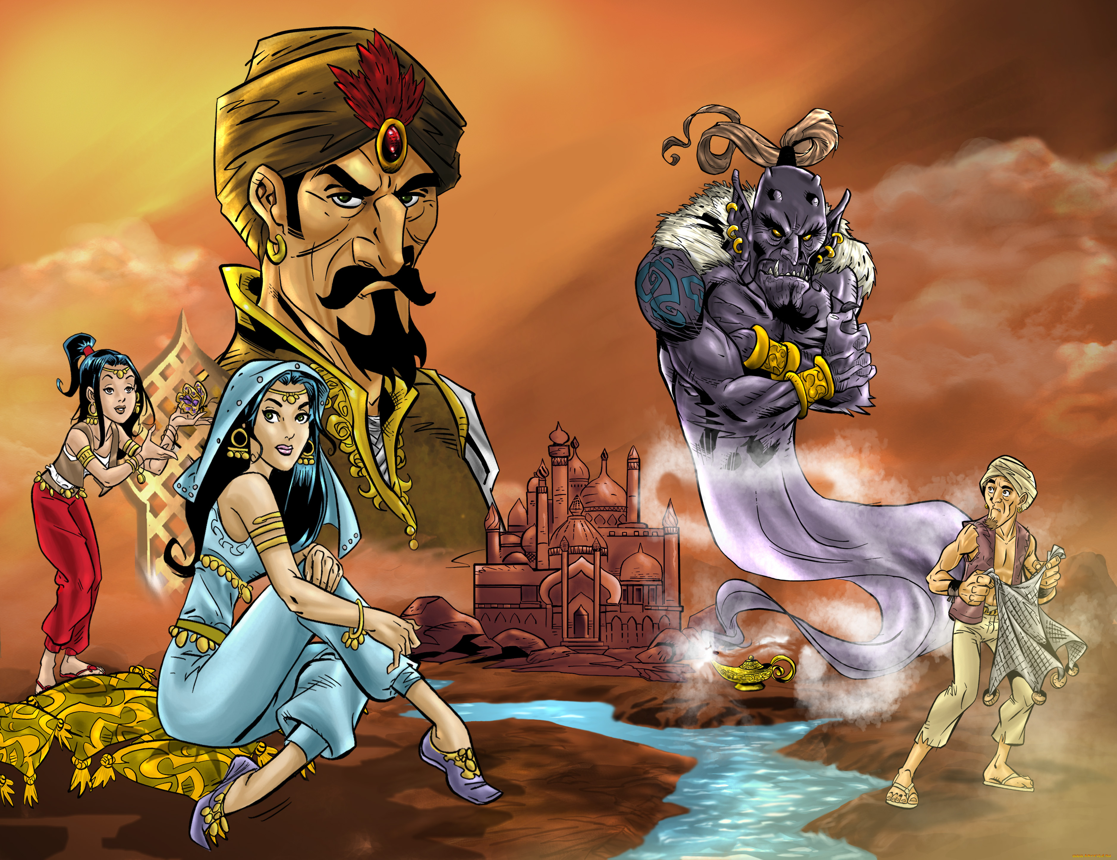 рисованное, комиксы, джин, мужчина, девушка, фон, взгляд