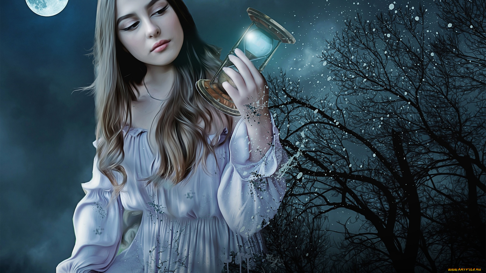 фэнтези, девушки, луна, песочные, часы, ночь, девушка