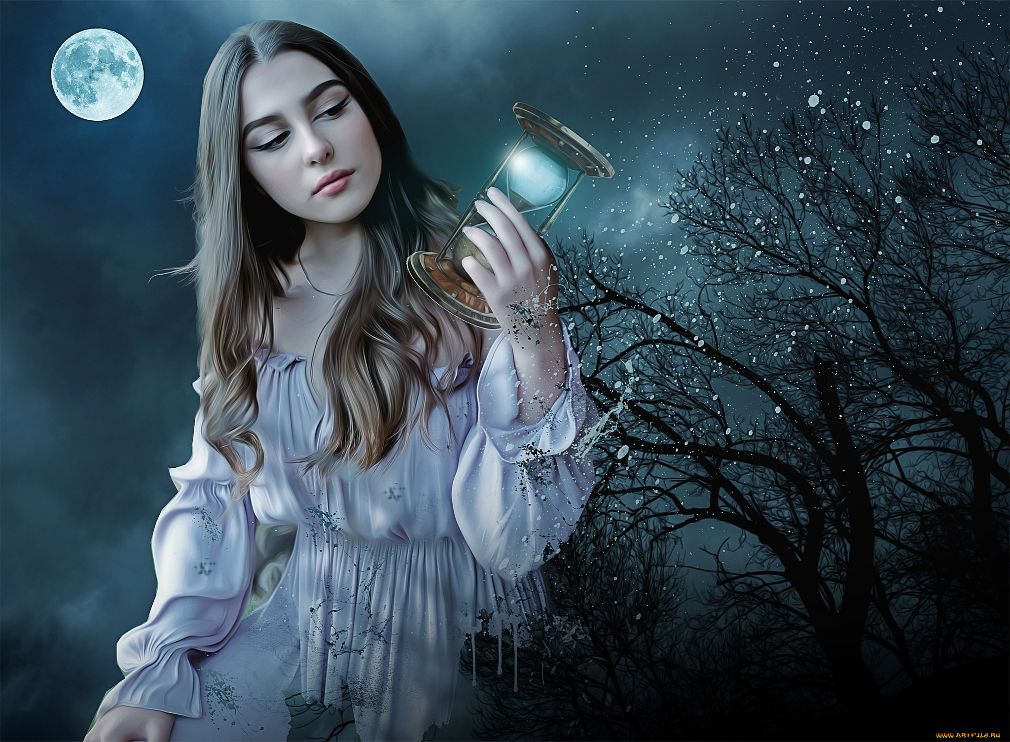 фэнтези, девушки, луна, песочные, часы, ночь, девушка